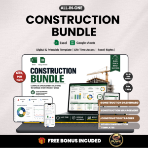 Construction bundle | Excel template & google sheets | Construction budget, trackers, construction management, dashboard | PLR MRR Rights