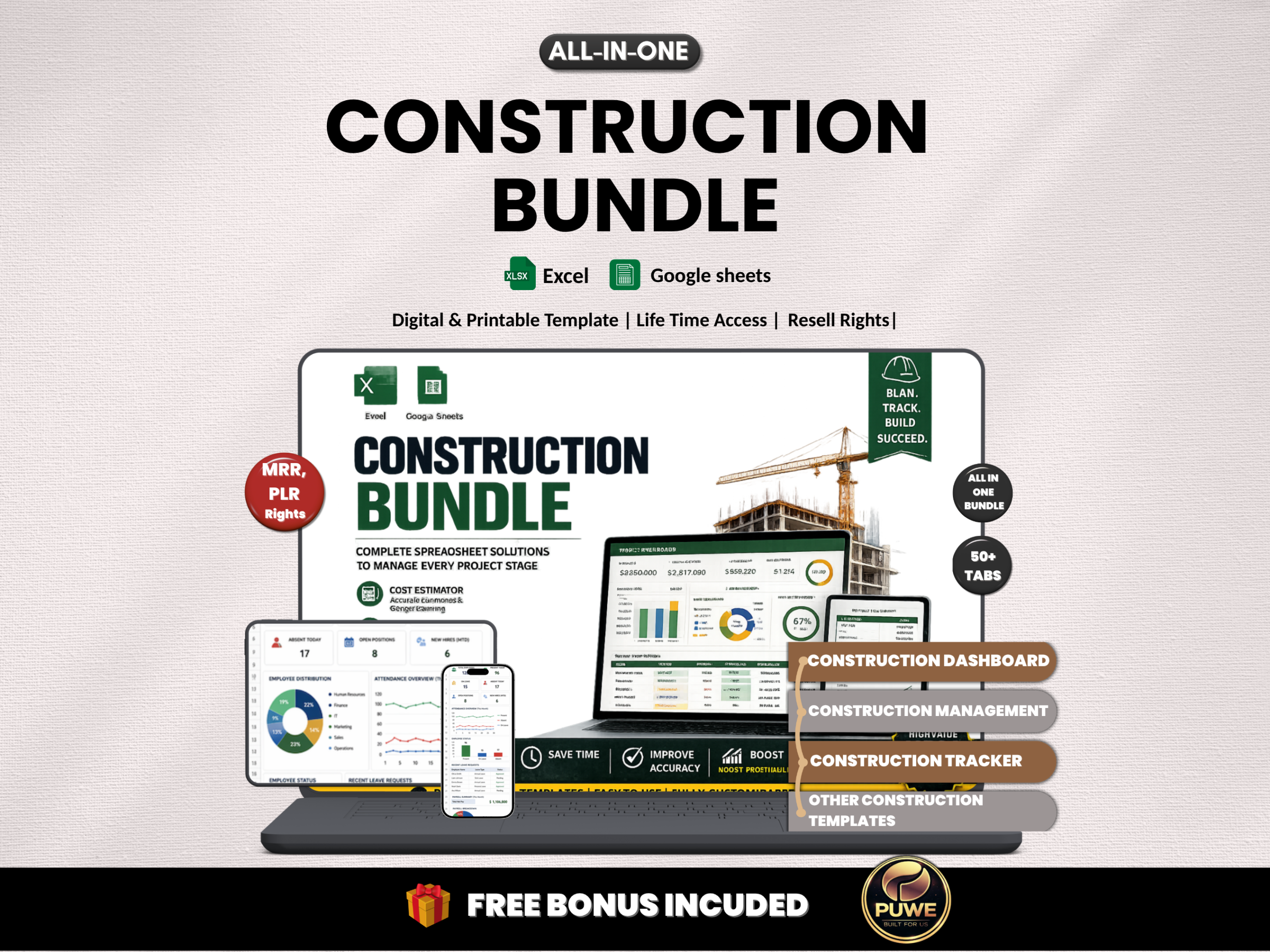Construction bundle | Excel template & google sheets | Construction budget, trackers, construction management, dashboard | PLR MRR Rights