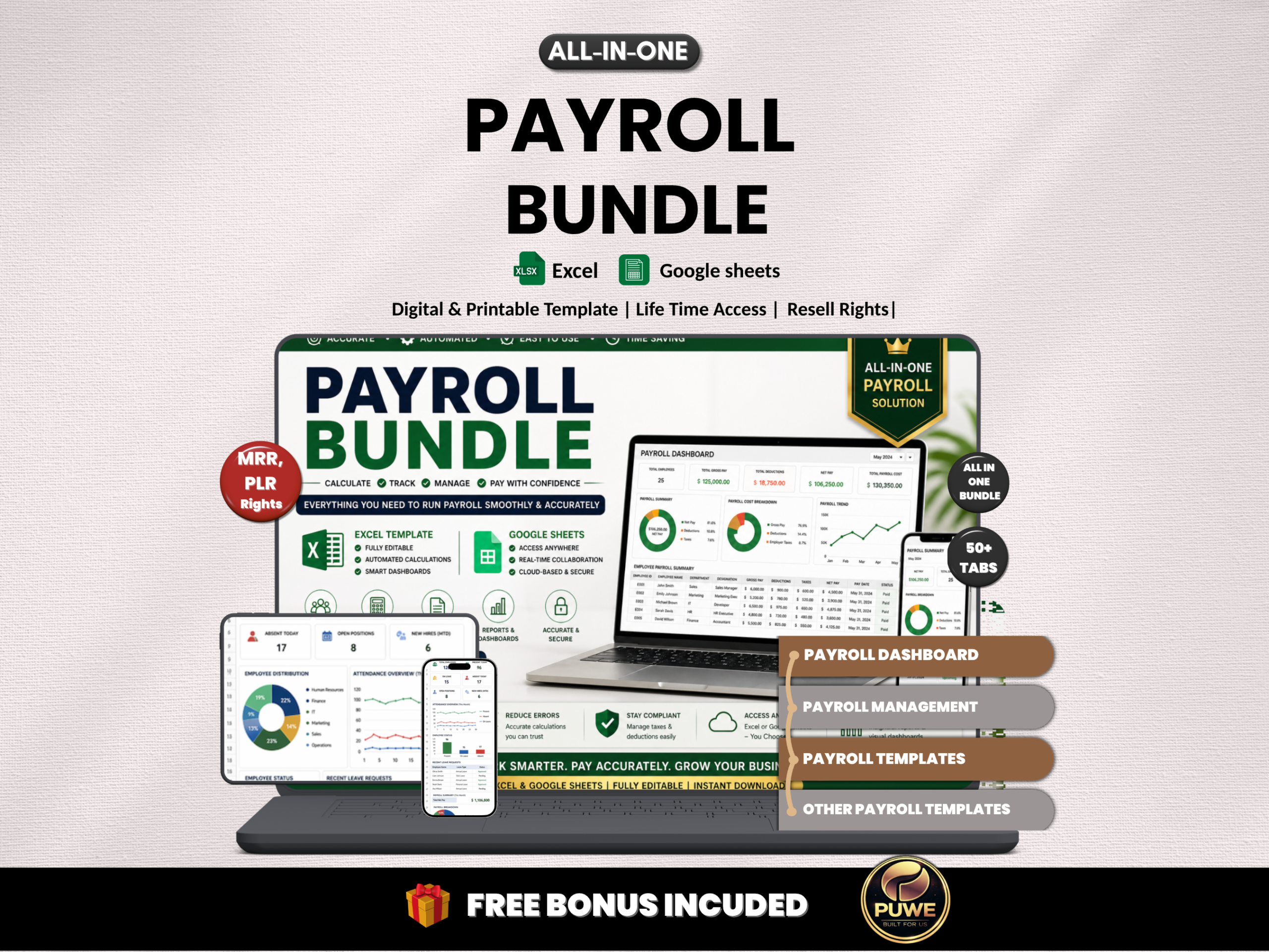 Payroll bundle | Excel templates & Google sheets | Payroll template, tracker, management, budget, check, Payslip templates | PLR MRR rights