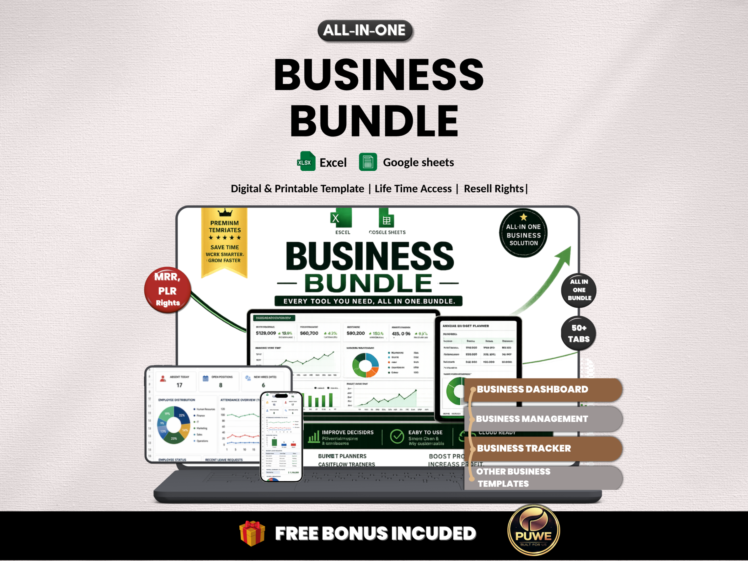 Business bundle | Excel template & Google sheets | Business plan development proposal| Business budget, startup, worksheet |  PLR MRR Rights