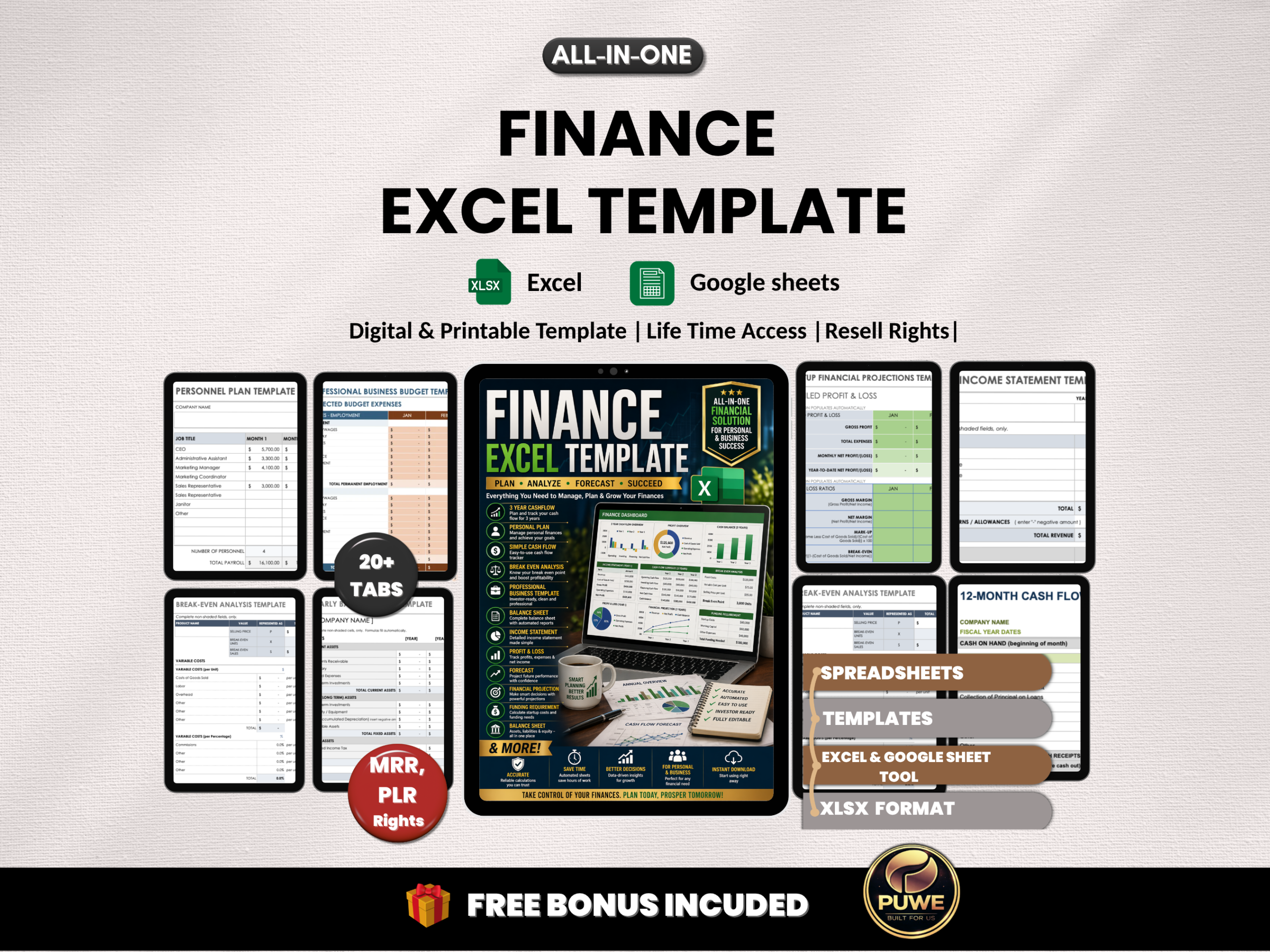 Finance template | Excel, Google sheet | Finance sheet, Balance sheet, Finance plan, Income statement, Break even analysis |MRR PLR Rights