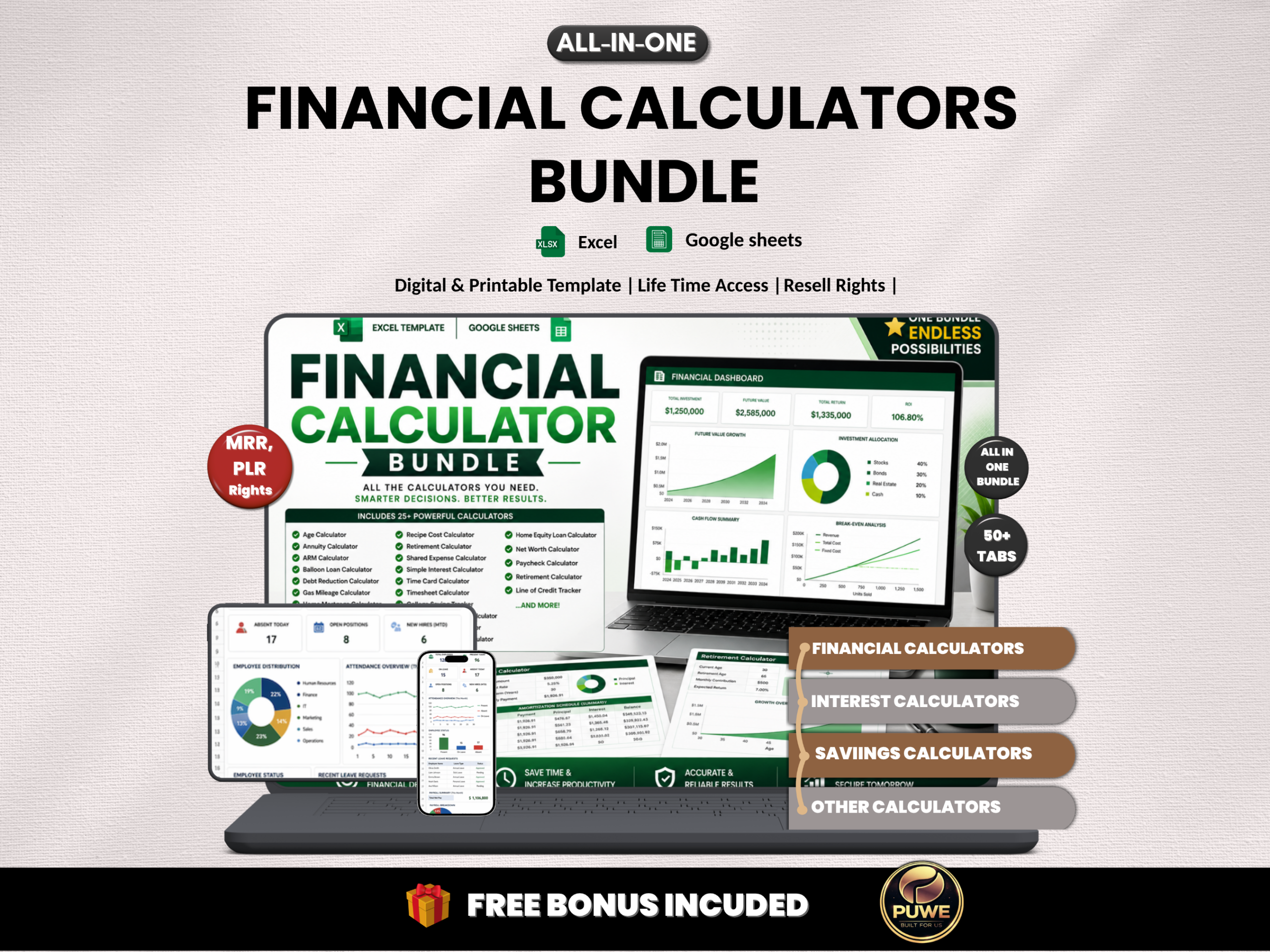 Financial calculator bundle | Excel templates & Google sheets | Finance tools, tracker, loan calculator, Retirement calculator| PLR MRR Rights