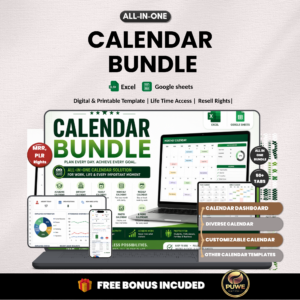 Calendar bundle | Excel template & google sheets | Yearly Monthly weekly daily calendars | digital calendar, excel calendar | MRR PLR Rights