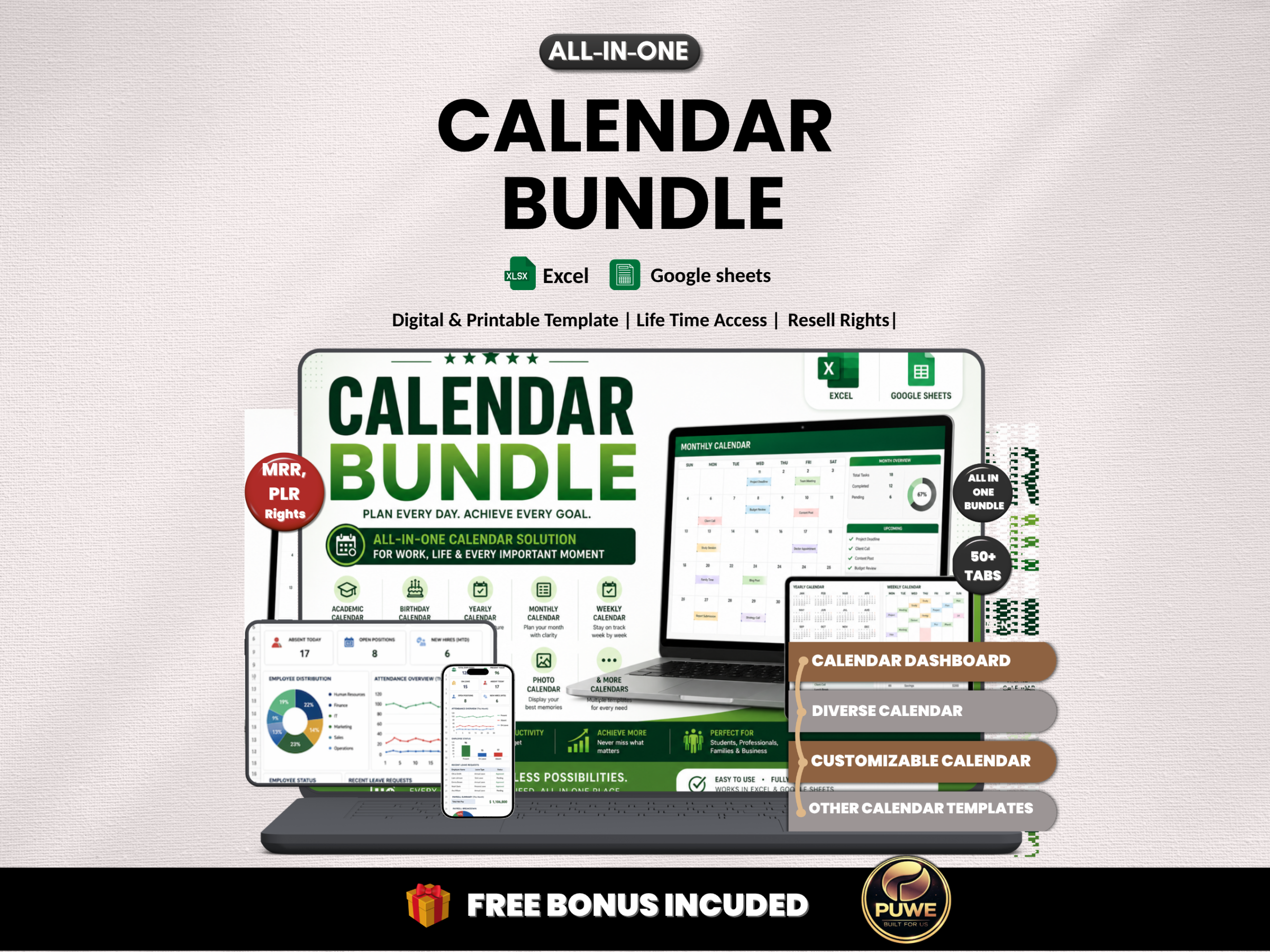 Calendar bundle | Excel template & google sheets | Yearly Monthly weekly daily calendars | digital calendar, excel calendar | MRR PLR Rights
