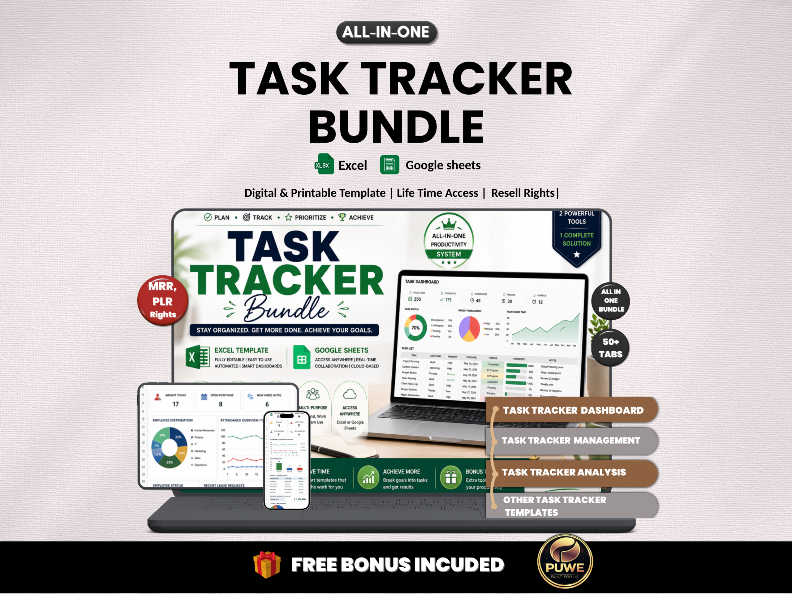 Task tracker bundle | Excel templates & google sheets | Task planner, productivity tool, Project task, task management | PLR MRR Rights