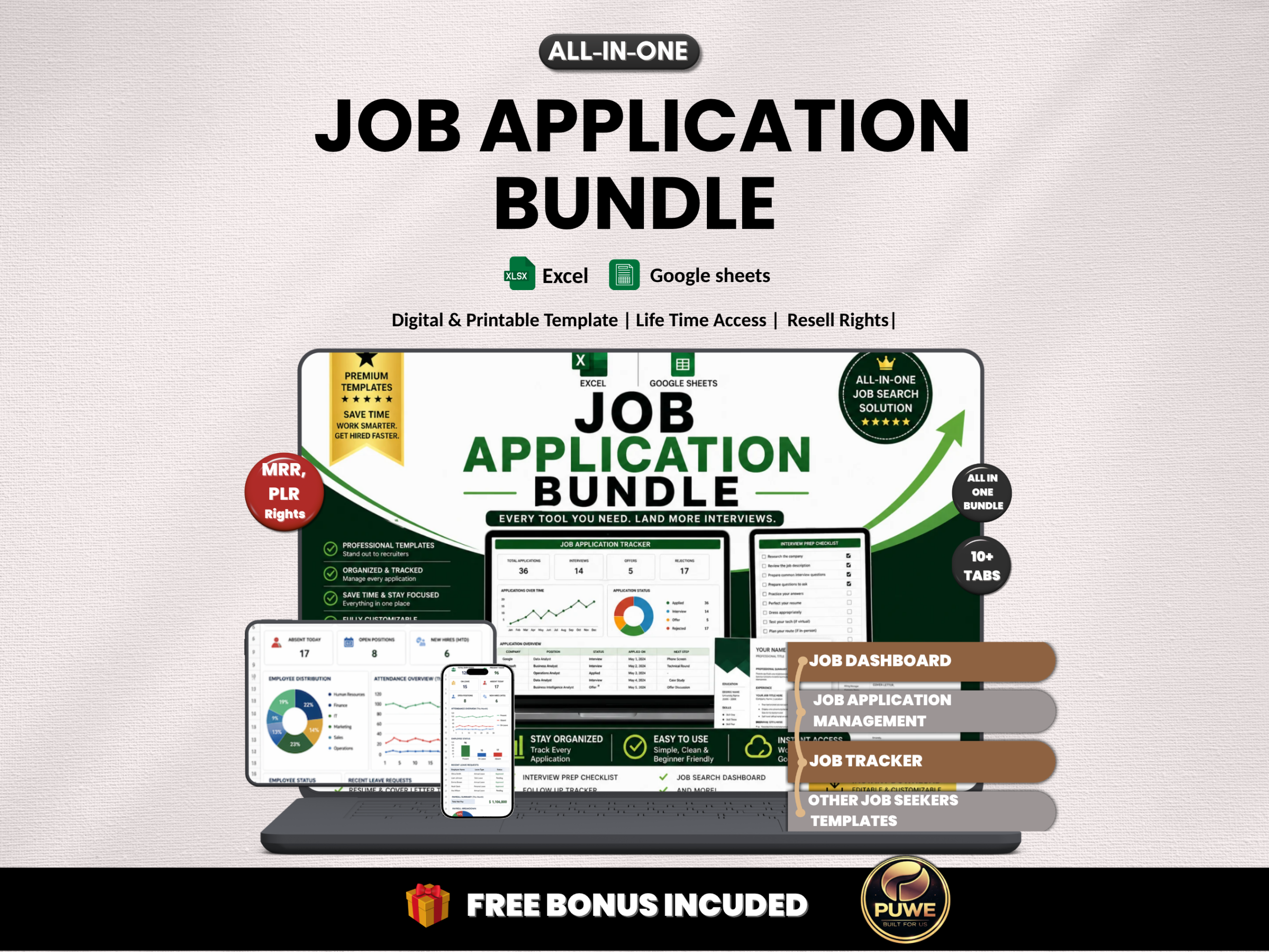 Job application tracker bundle |Excel templates & Google sheets | Job tracker, decision matrix, application form, Job seeker| PLR MRR Rights