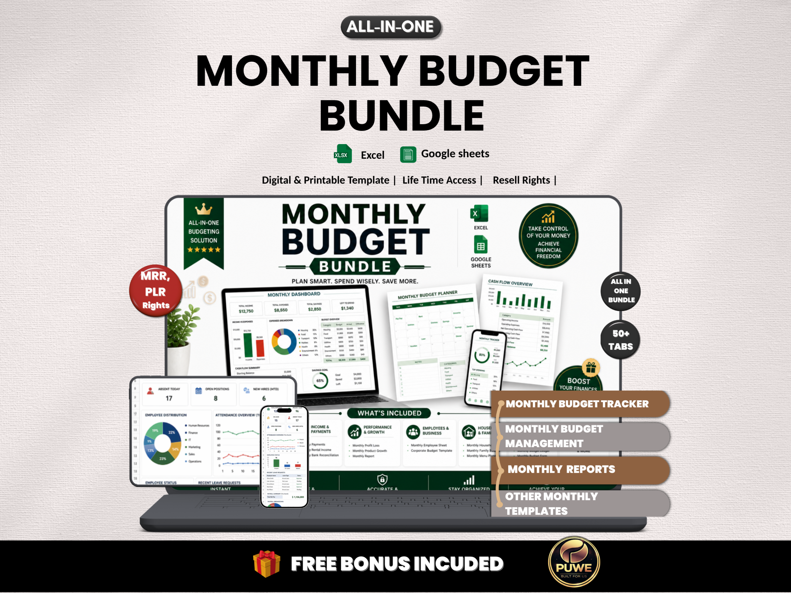 Monthly budget bundle | Excel templates & google sheets | Monthly planner, tracker, worksheet, budget, payments, cash flow| PLR MRR Rights