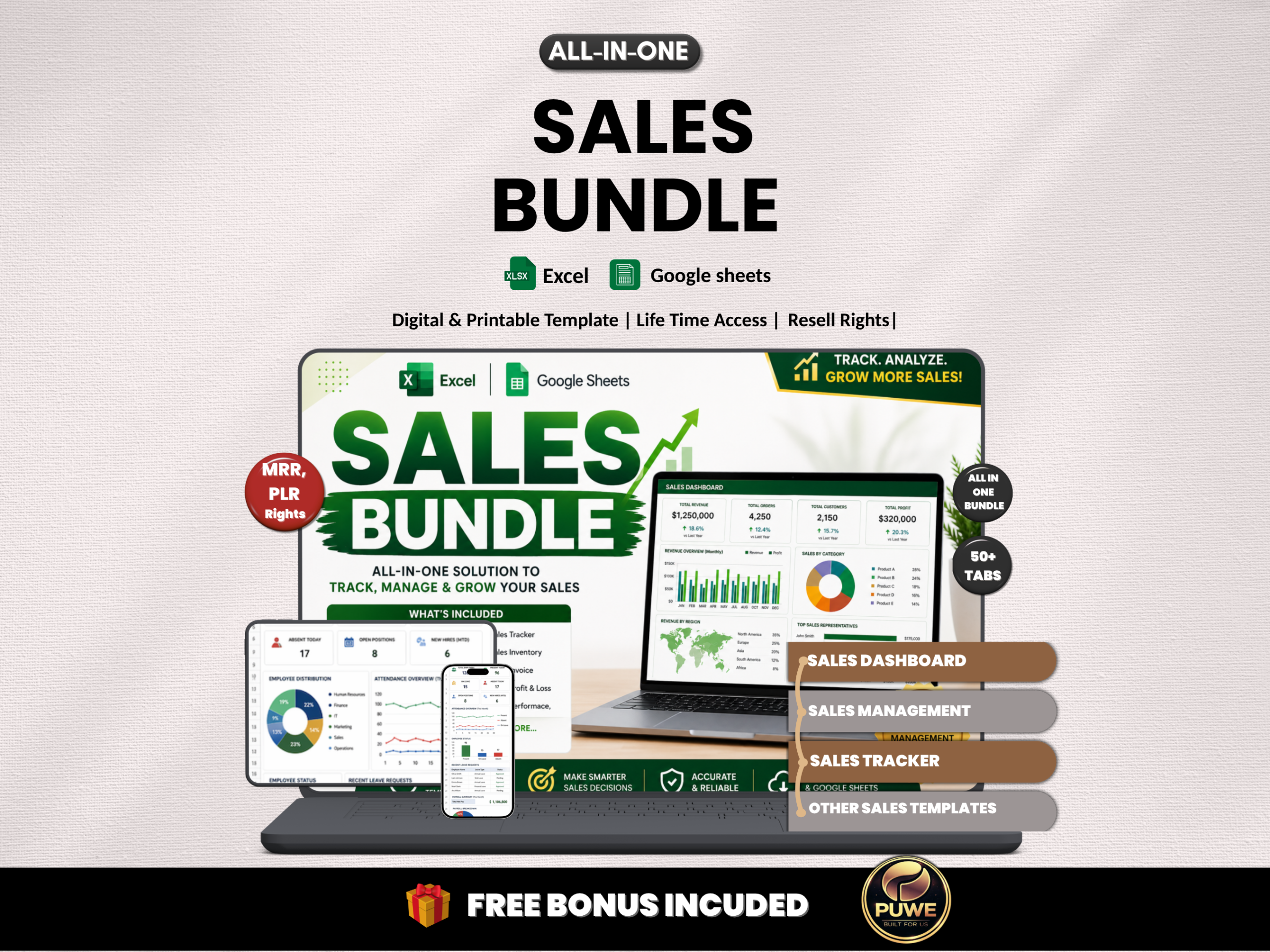 Sales bundle |Excel templates & Google sheets |Sales dashboard, tracker, planner| Sales report, budget, forecast, excel sales|PLR MRR Rights