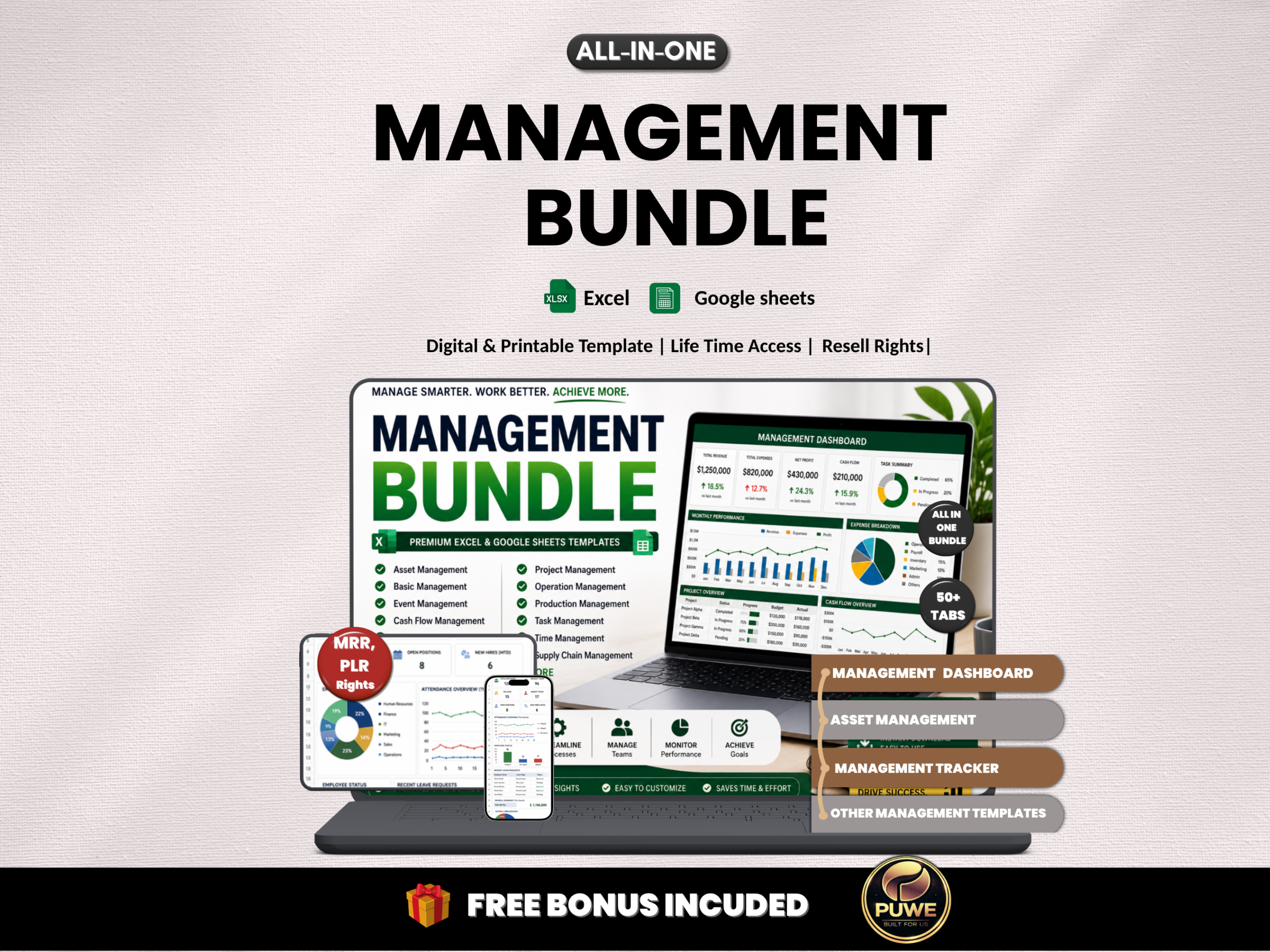 Management bundle | Excel templates & Google sheets | Project management, task, asset, inventory, supply chain management | PLR MRR Rights