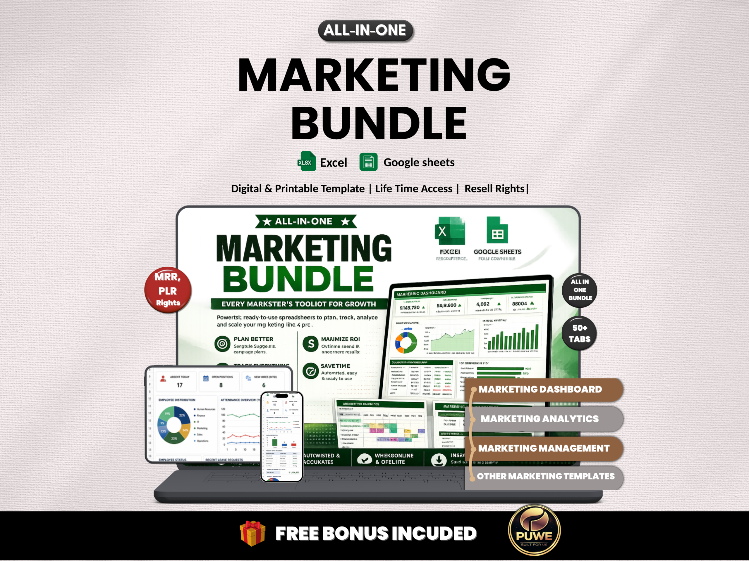 Marketing bundle | Excel templates & Google sheets | Marketing plan tracker analytics management | Marketing excel template | PLR MRR Rights