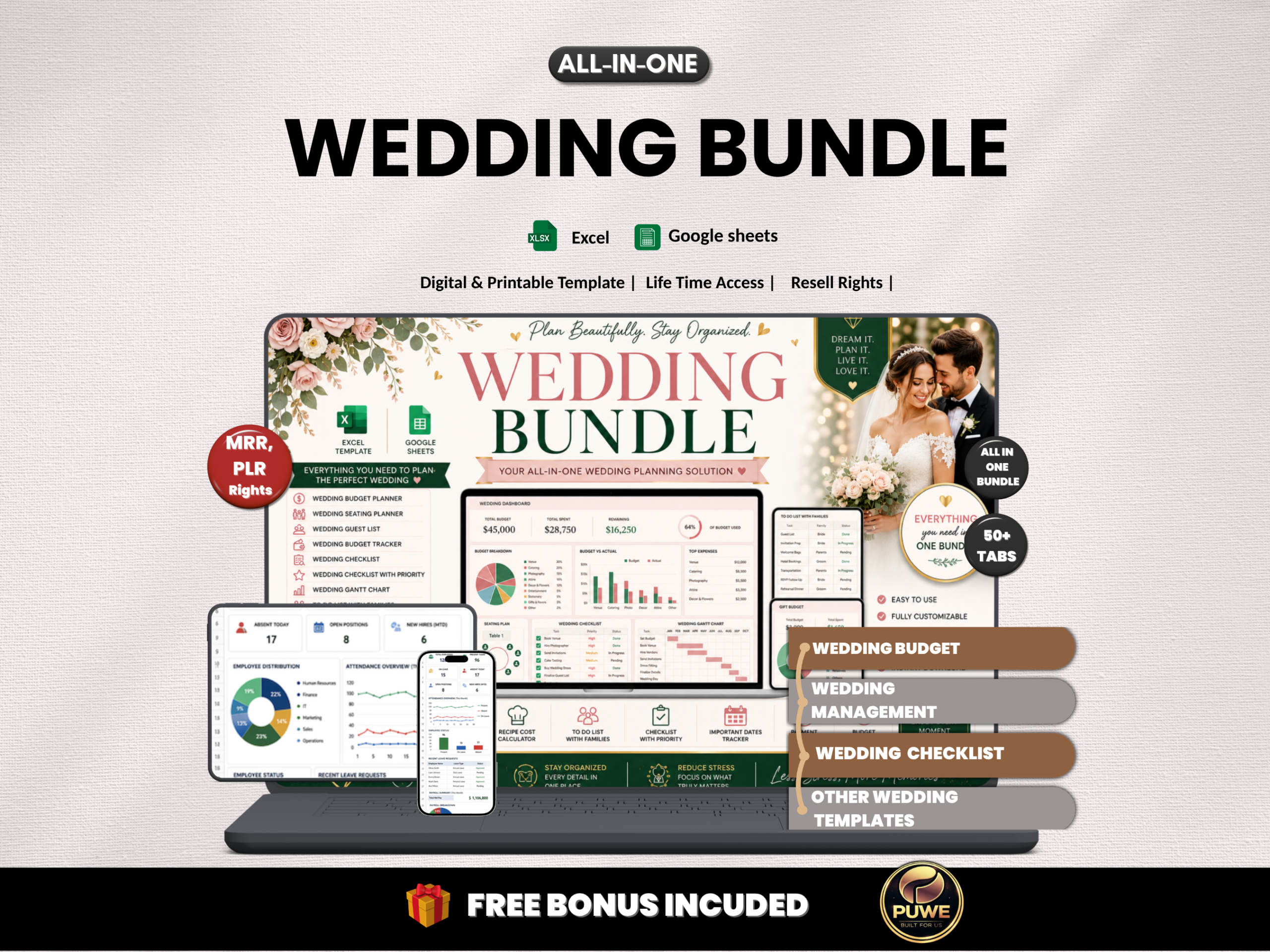 Wedding bundle | Excel templates & Google sheets | Wedding planner, budget, organiser, tracker, checklist, excel wedding | PLR MRR Rights