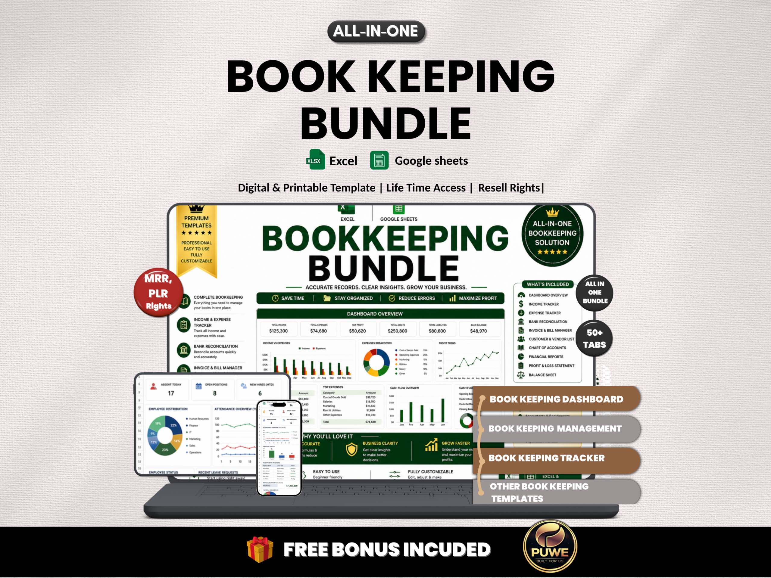 Book keeping bundle |Excel templates & Google sheets |Bookkeeping ledger, reseller tracker, trial balance sheets, timesheet | MRR PLR Rights