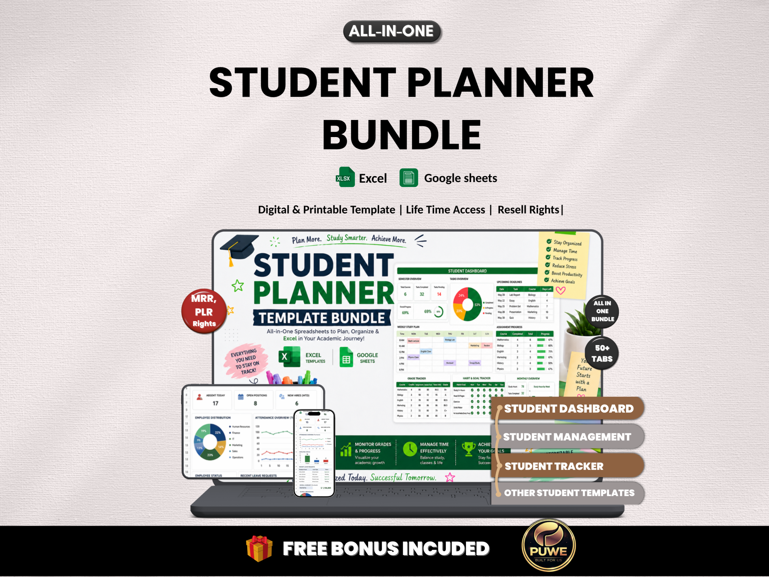 Student planner bundle | Excel template & Google sheets | Study planner, college, school, student tracker, student dashboard| PLR MRR Rights