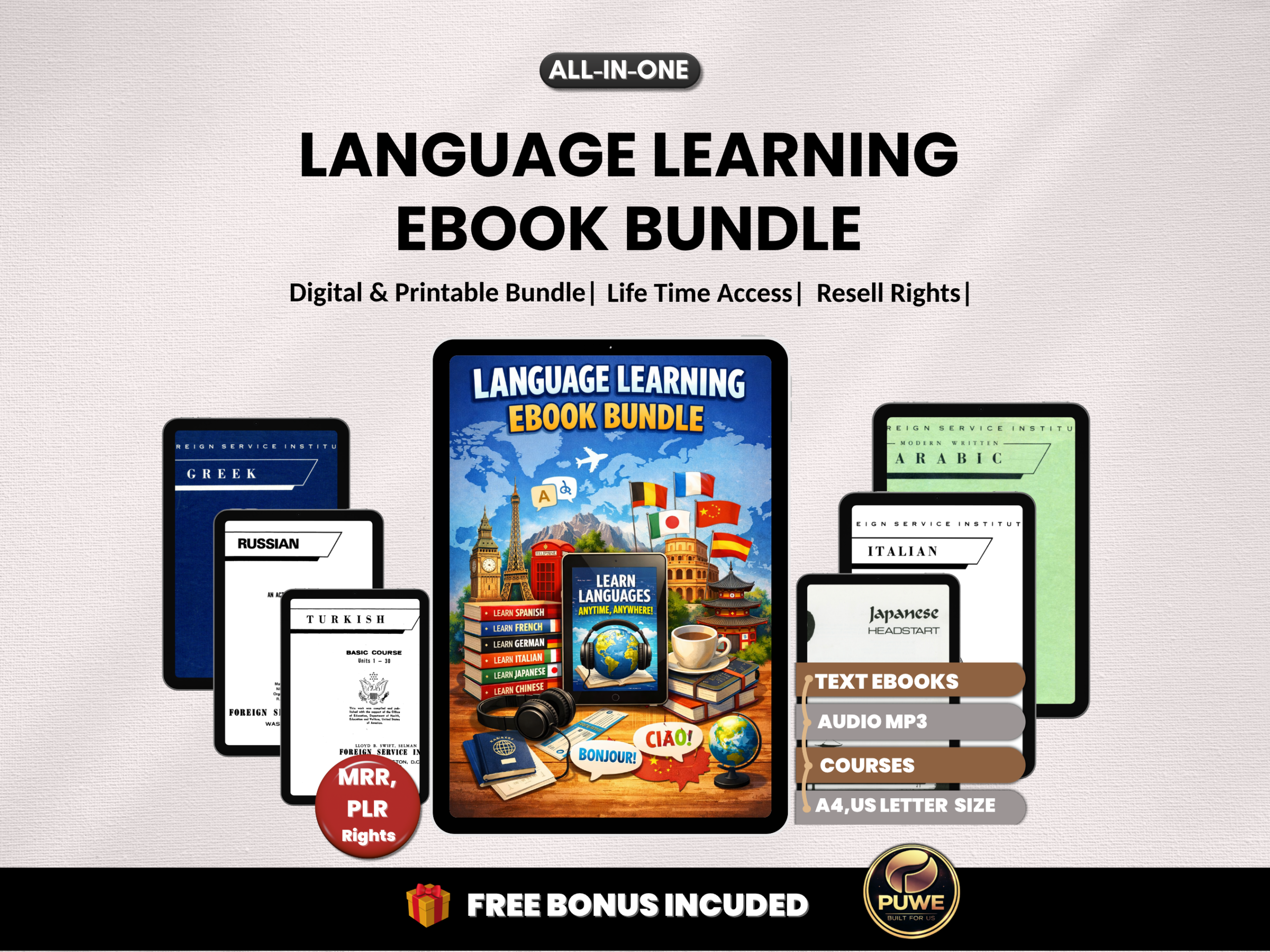 Language learning ebook bundle | Vocabulary Workbook, Digital Language Learning Planner, Any Language Learning Planner ipad | PLR MRR Rights