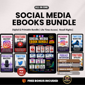 Social media ebook bundle | Youtube, Instagram, Twitter, Podcast, Affiliate, Blogging, Ebooks collection, guides, tips | PLR MRR Rights