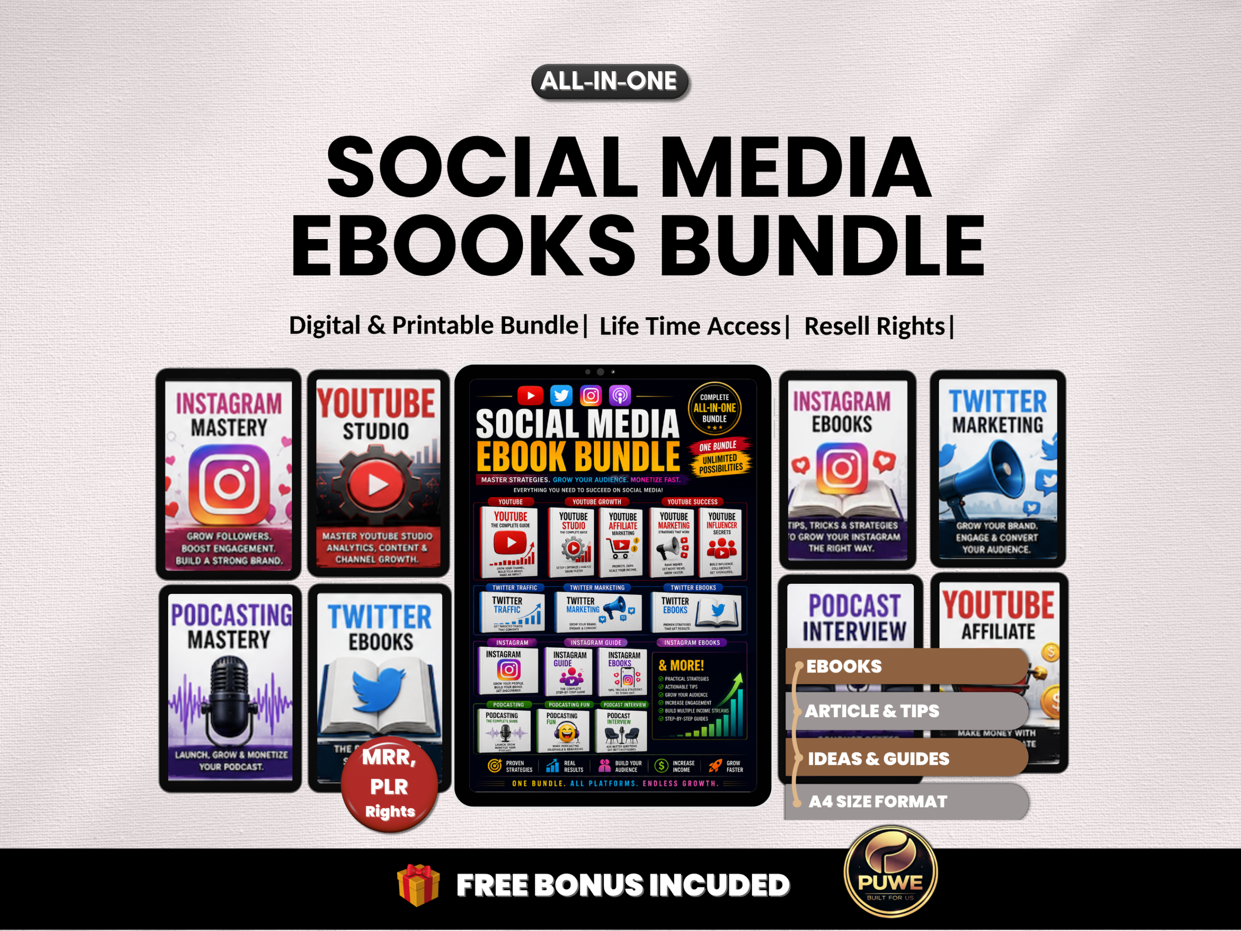 Social media ebook bundle | Youtube, Instagram, Twitter, Podcast, Affiliate, Blogging,  Ebooks collection, guides, tips | PLR MRR Rights