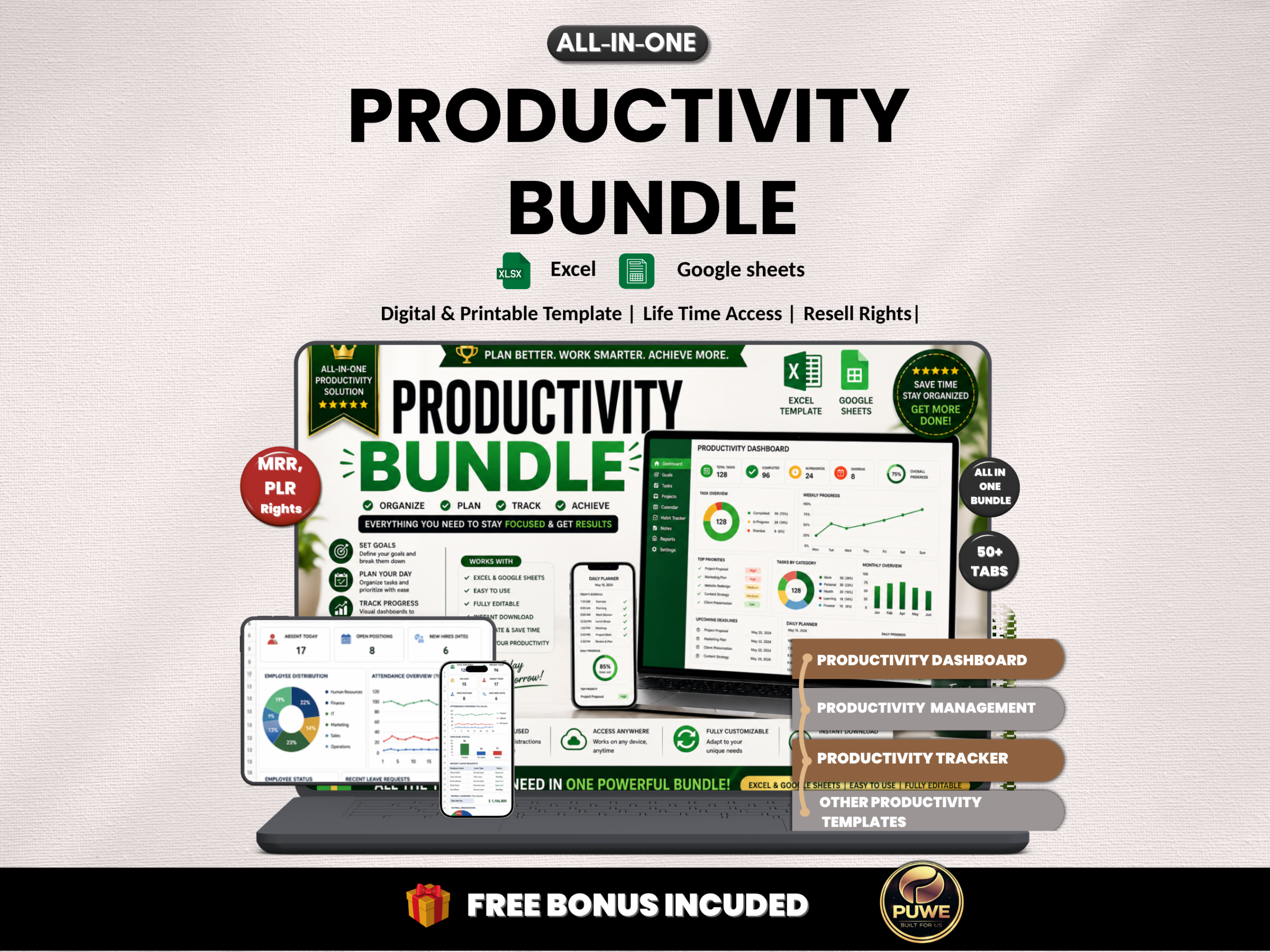 Productivity bundle | Excel templates & Google sheets | Productivity Kit, Goal tracker, habit tracker, Productivity hub | PLR MRR Rights