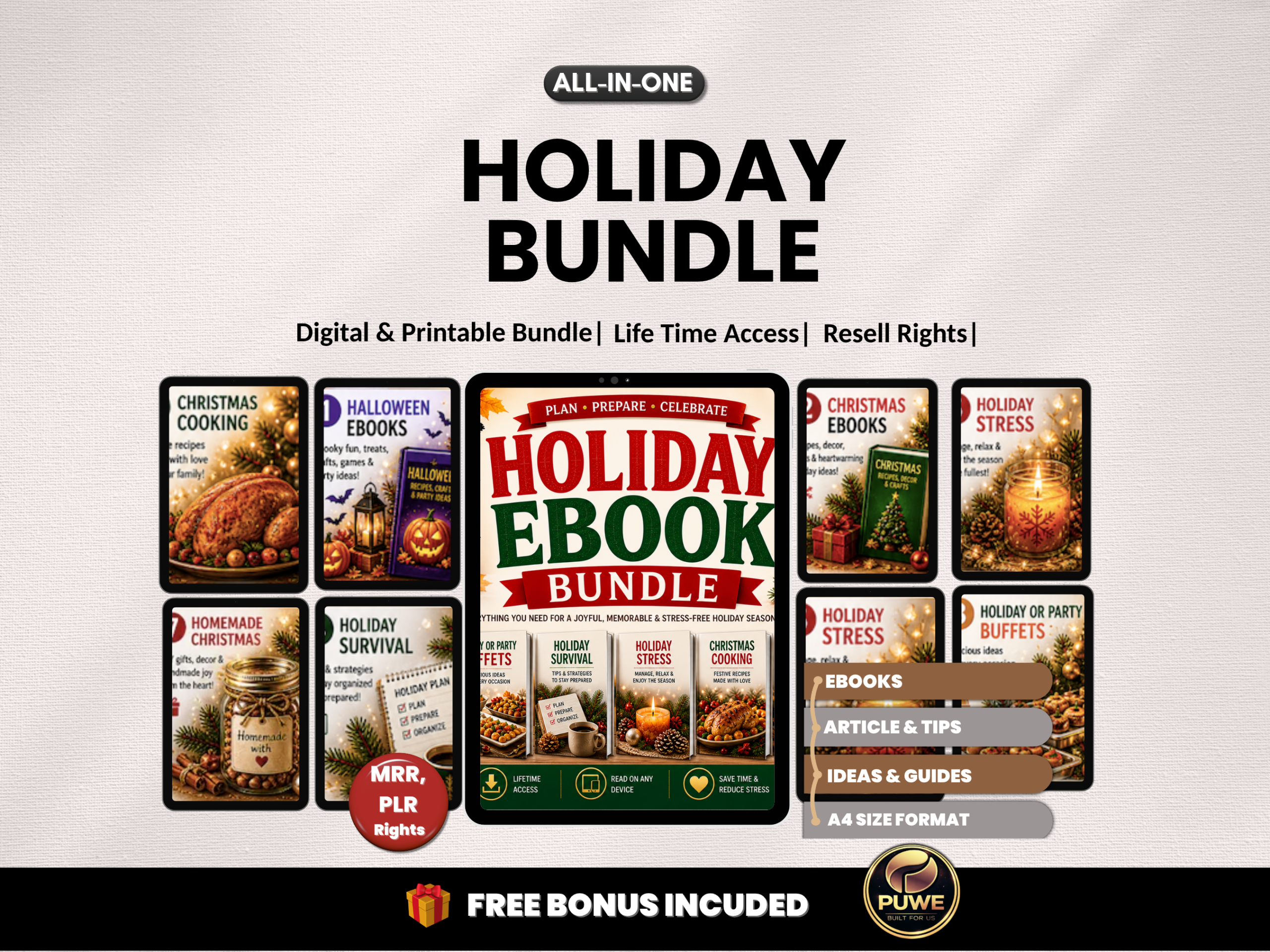 Holiday bundle | Holiday ebooks, tips, guides | Christmas, Halloween, Recipes, Holiday packages, Holiday party | PLR MRR Rights