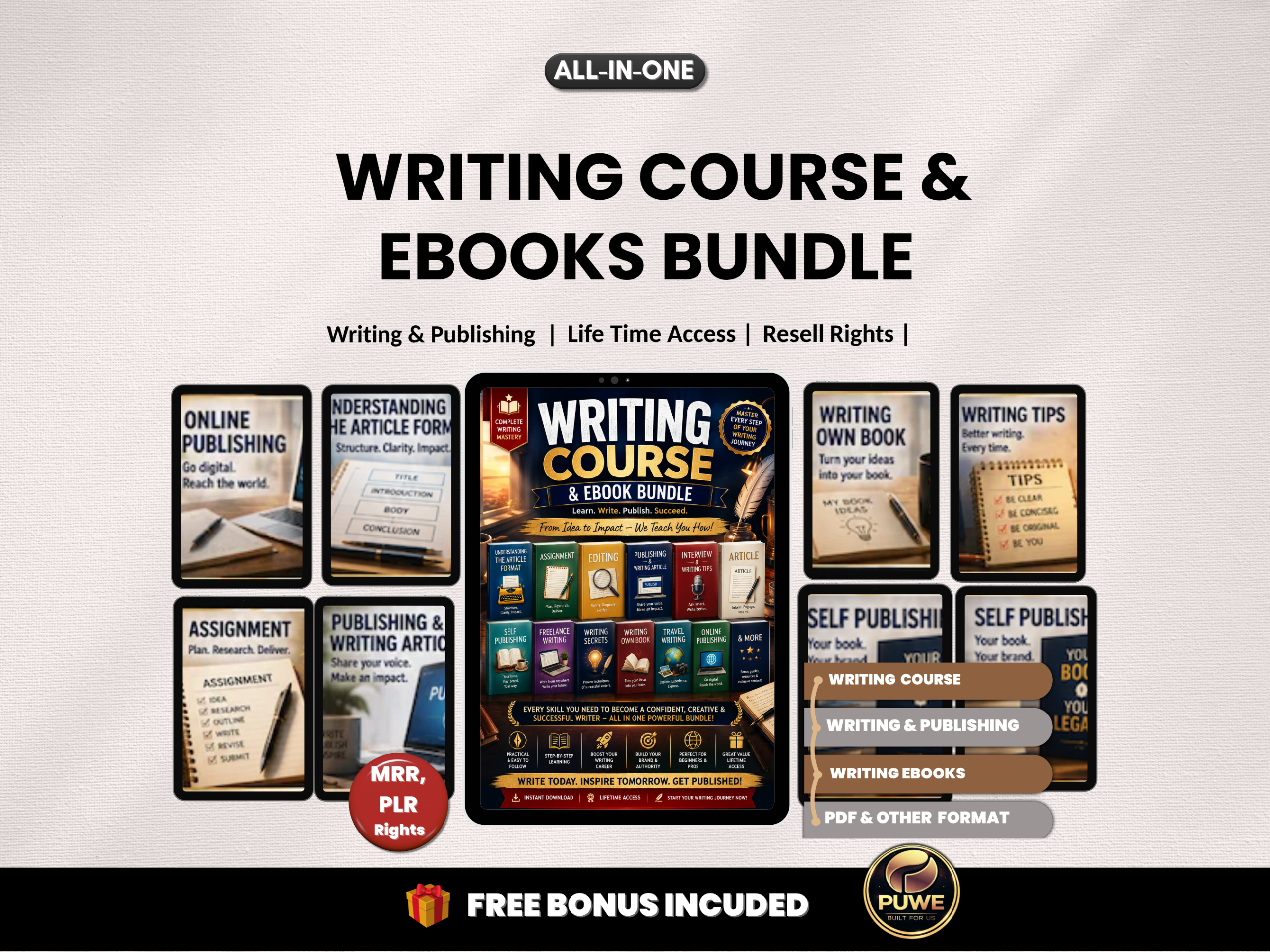 Writing course bundle | Writing ebook | Publishing ebook | Writing tips, resources | publishing | Article writing | PLR MRR Rights