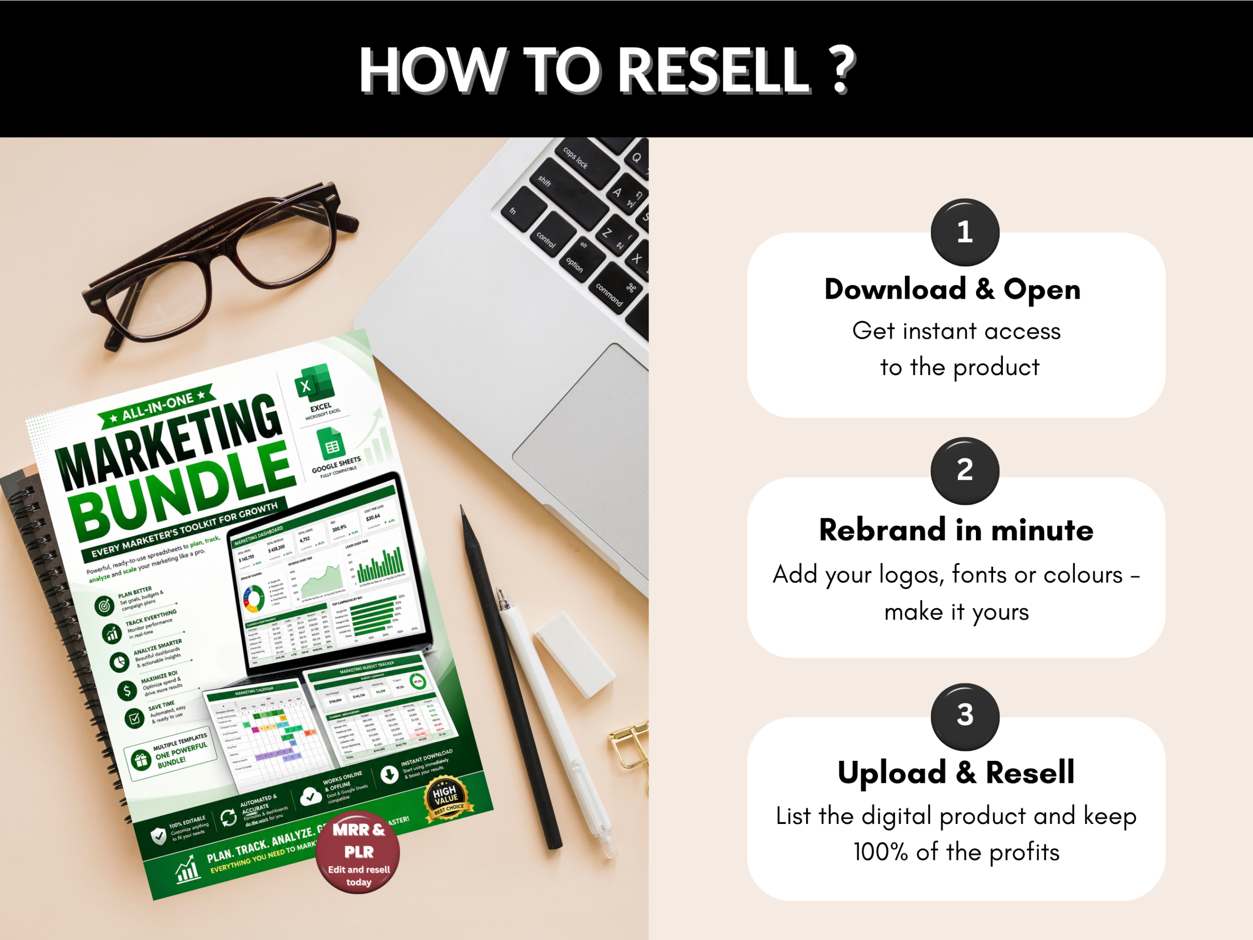 Marketing bundle | Excel templates & Google sheets | Marketing plan tracker analytics management | Marketing excel template | PLR MRR Rights