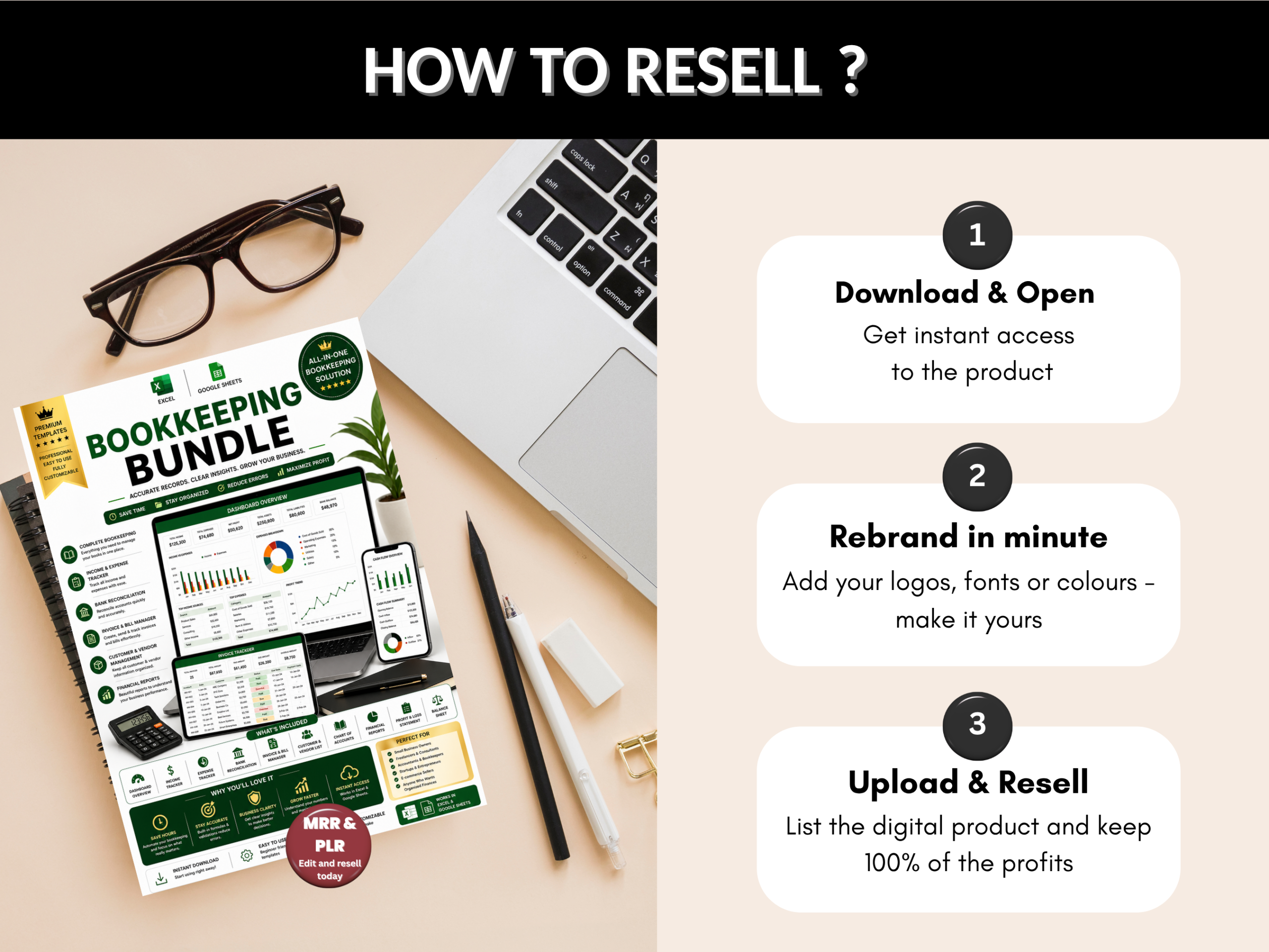 Book keeping bundle |Excel templates & Google sheets |Bookkeeping ledger, reseller tracker, trial balance sheets, timesheet | MRR PLR Rights