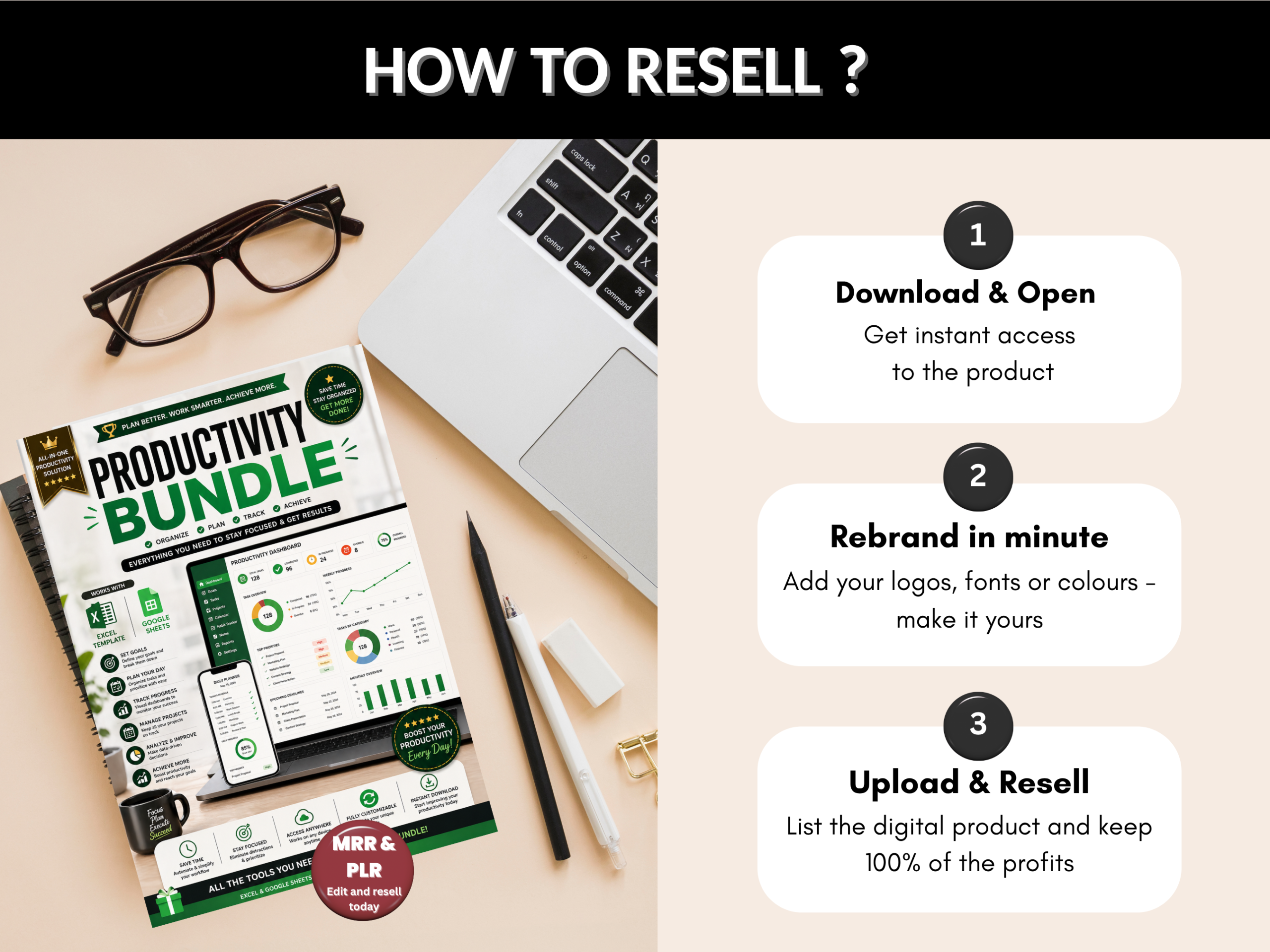 Productivity bundle | Excel templates & Google sheets | Productivity Kit, Goal tracker, habit tracker, Productivity hub | PLR MRR Rights