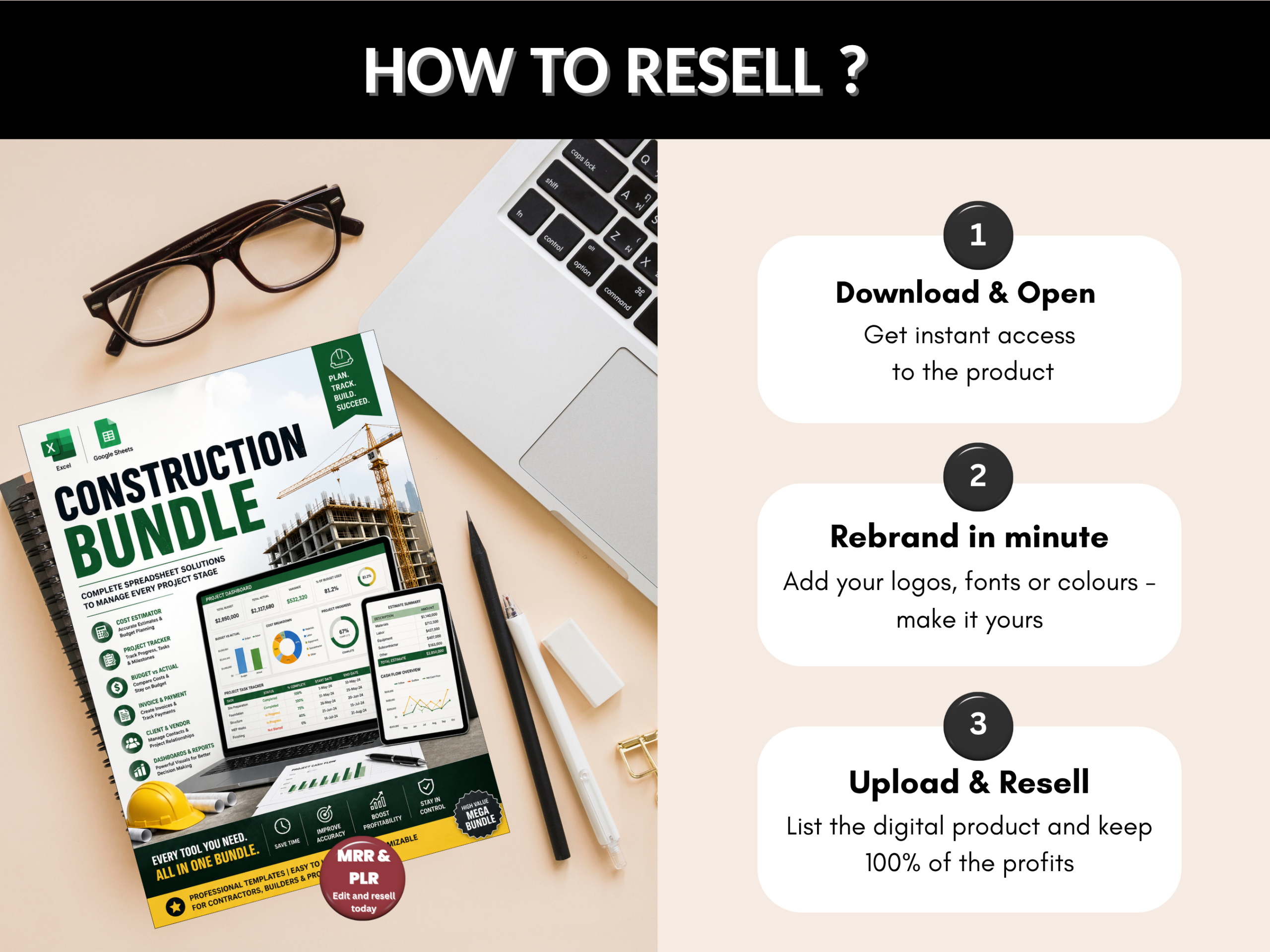 Construction bundle | Excel template & google sheets | Construction budget, trackers, construction management, dashboard | PLR MRR Rights