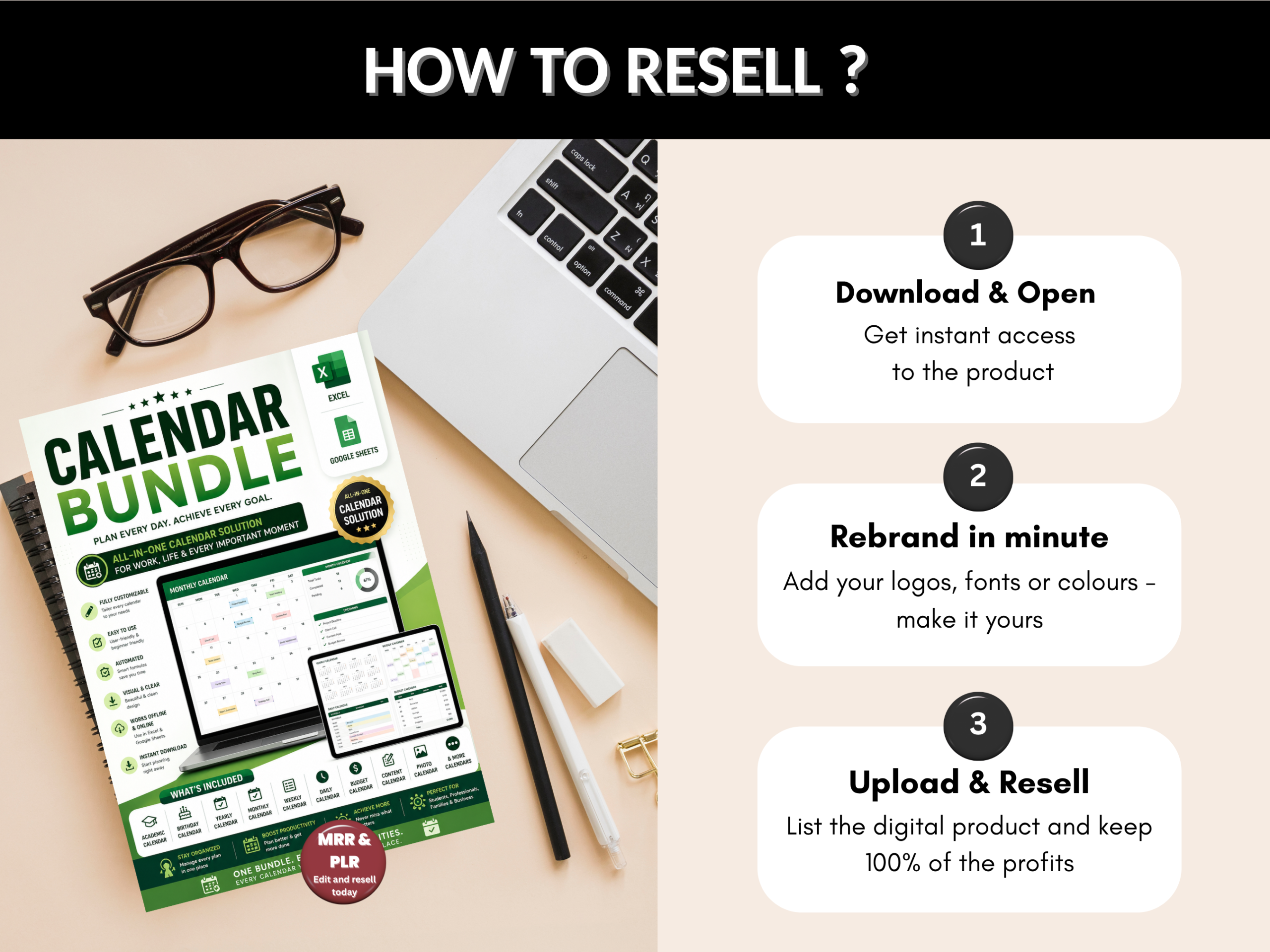Calendar bundle | Excel template & google sheets | Yearly Monthly weekly daily calendars | digital calendar, excel calendar | MRR PLR Rights