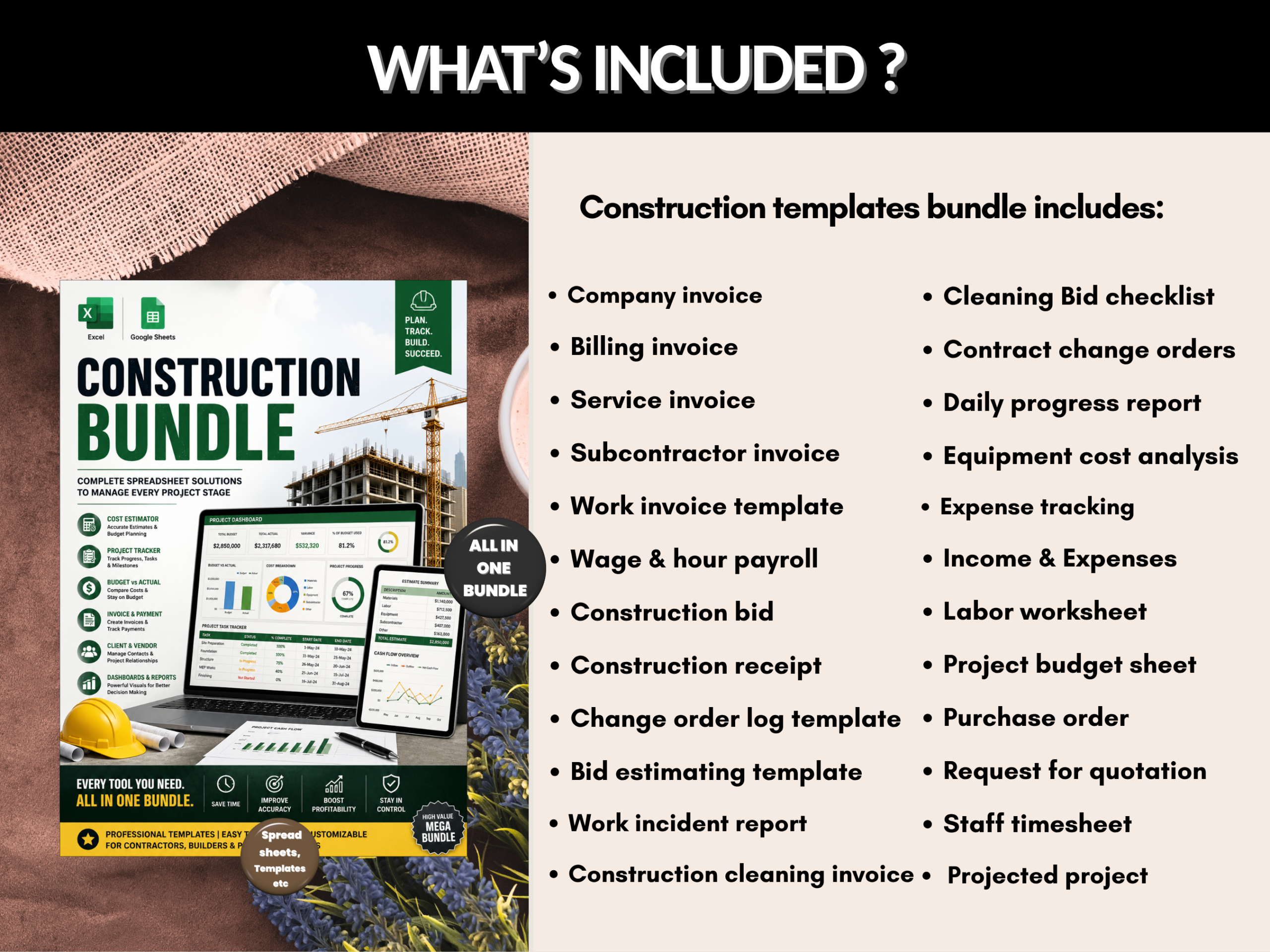Construction bundle | Excel template & google sheets | Construction budget, trackers, construction management, dashboard | PLR MRR Rights