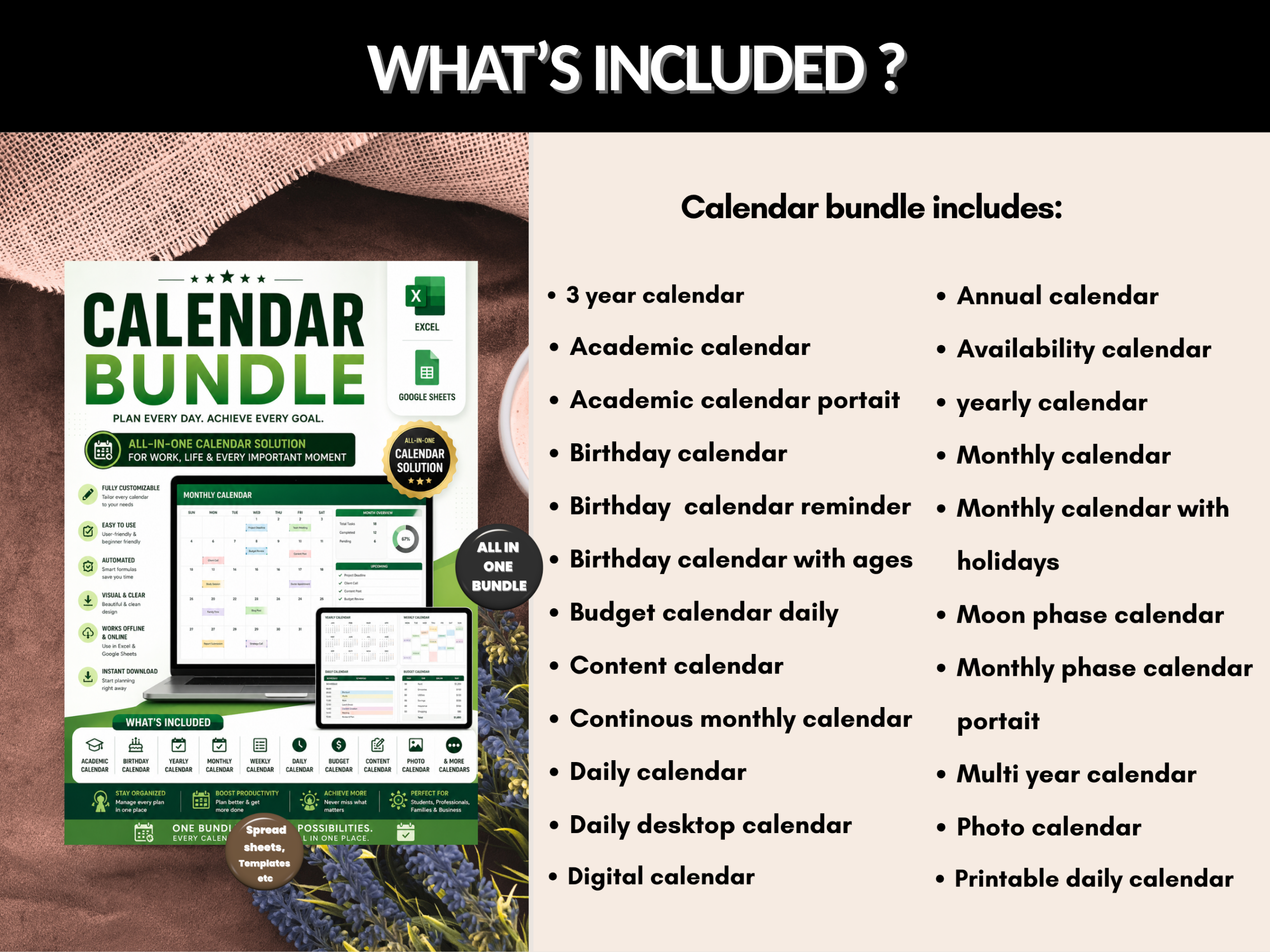Calendar bundle | Excel template & google sheets | Yearly Monthly weekly daily calendars | digital calendar, excel calendar | MRR PLR Rights