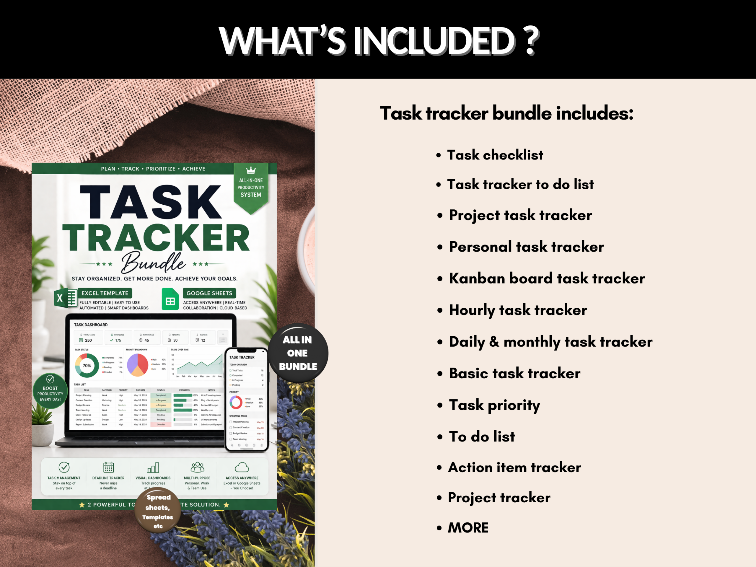 Task tracker bundle | Excel templates & google sheets | Task planner, productivity tool, Project task, task management | PLR MRR Rights