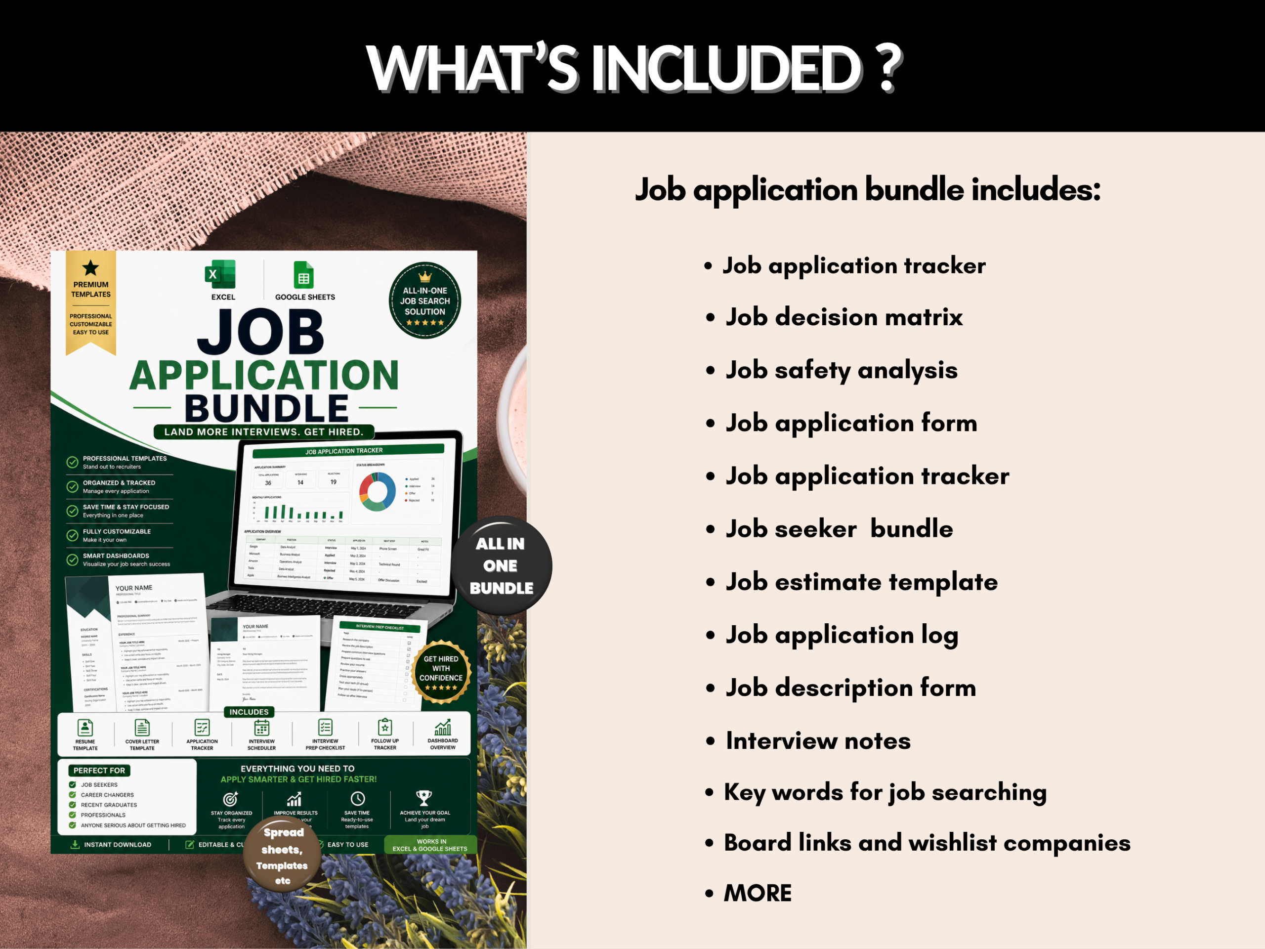 Job application tracker bundle |Excel templates & Google sheets | Job tracker, decision matrix, application form, Job seeker| PLR MRR Rights