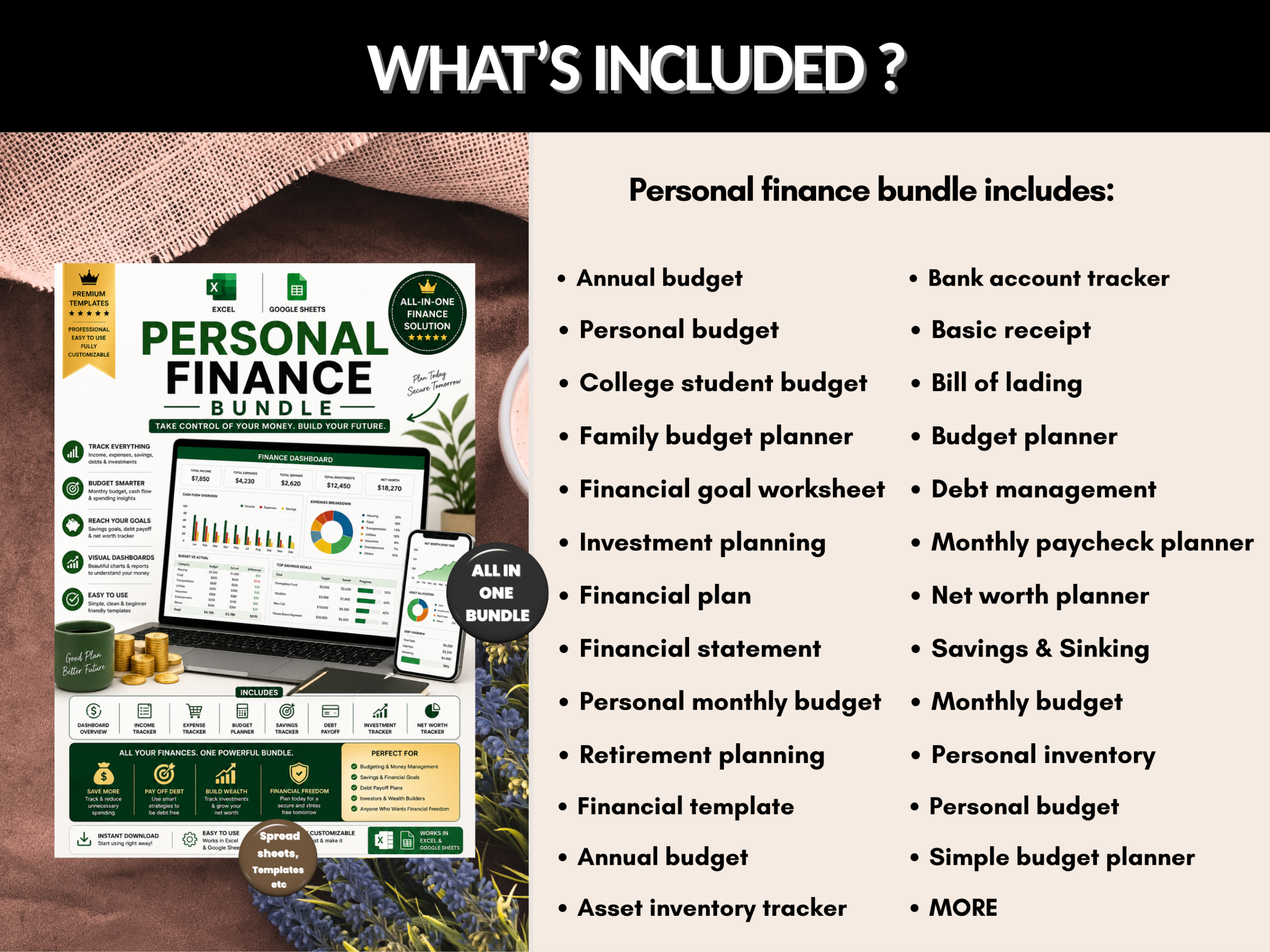 Personal finance bundle | Excel templates & Google sheets | Personal budget, tracker, Monthly, Annually, Financial goals | PLR MRR Rights