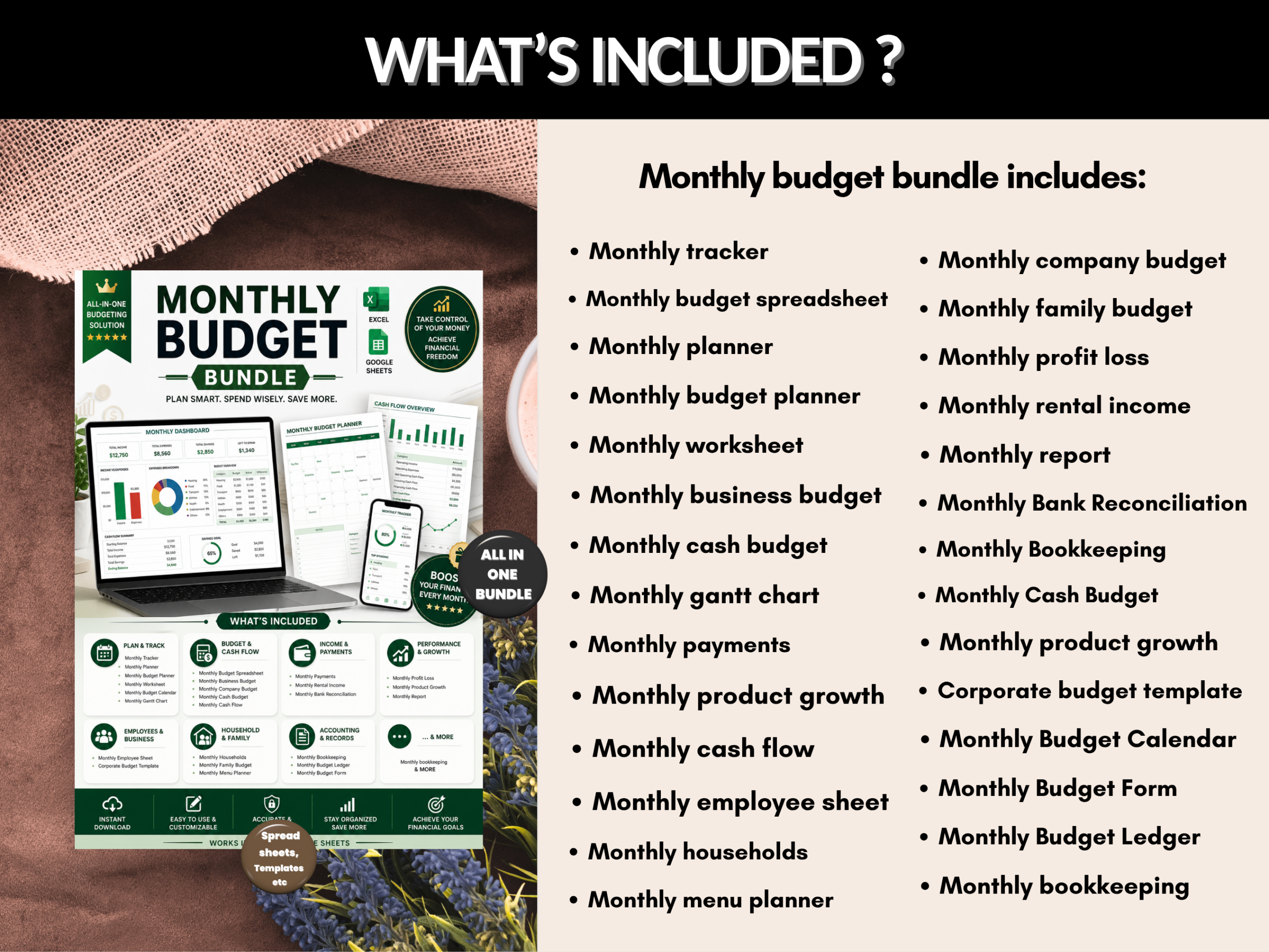 Monthly budget bundle | Excel templates & google sheets | Monthly planner, tracker, worksheet, budget, payments, cash flow| PLR MRR Rights