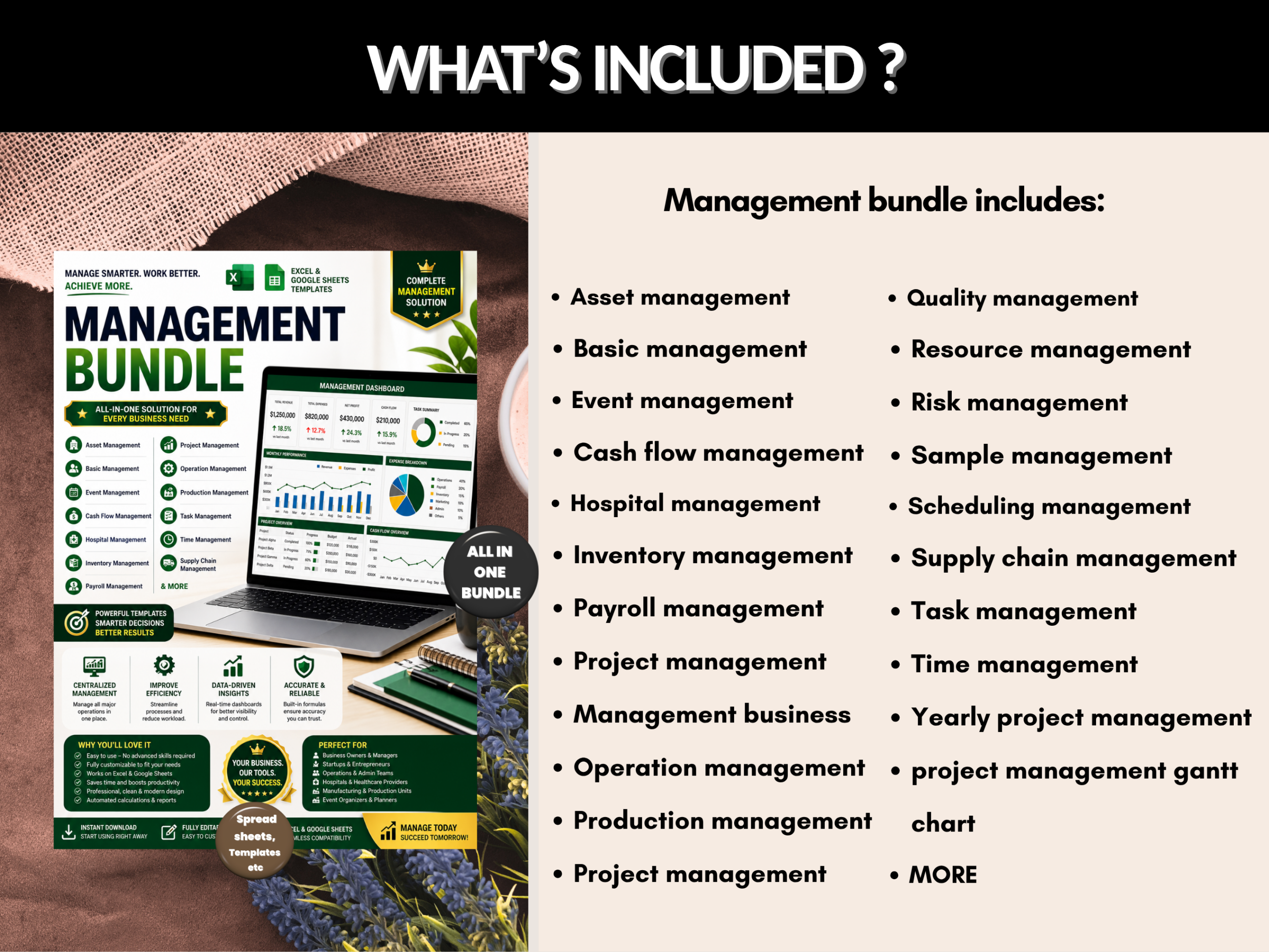 Management bundle | Excel templates & Google sheets | Project management, task, asset, inventory, supply chain management | PLR MRR Rights