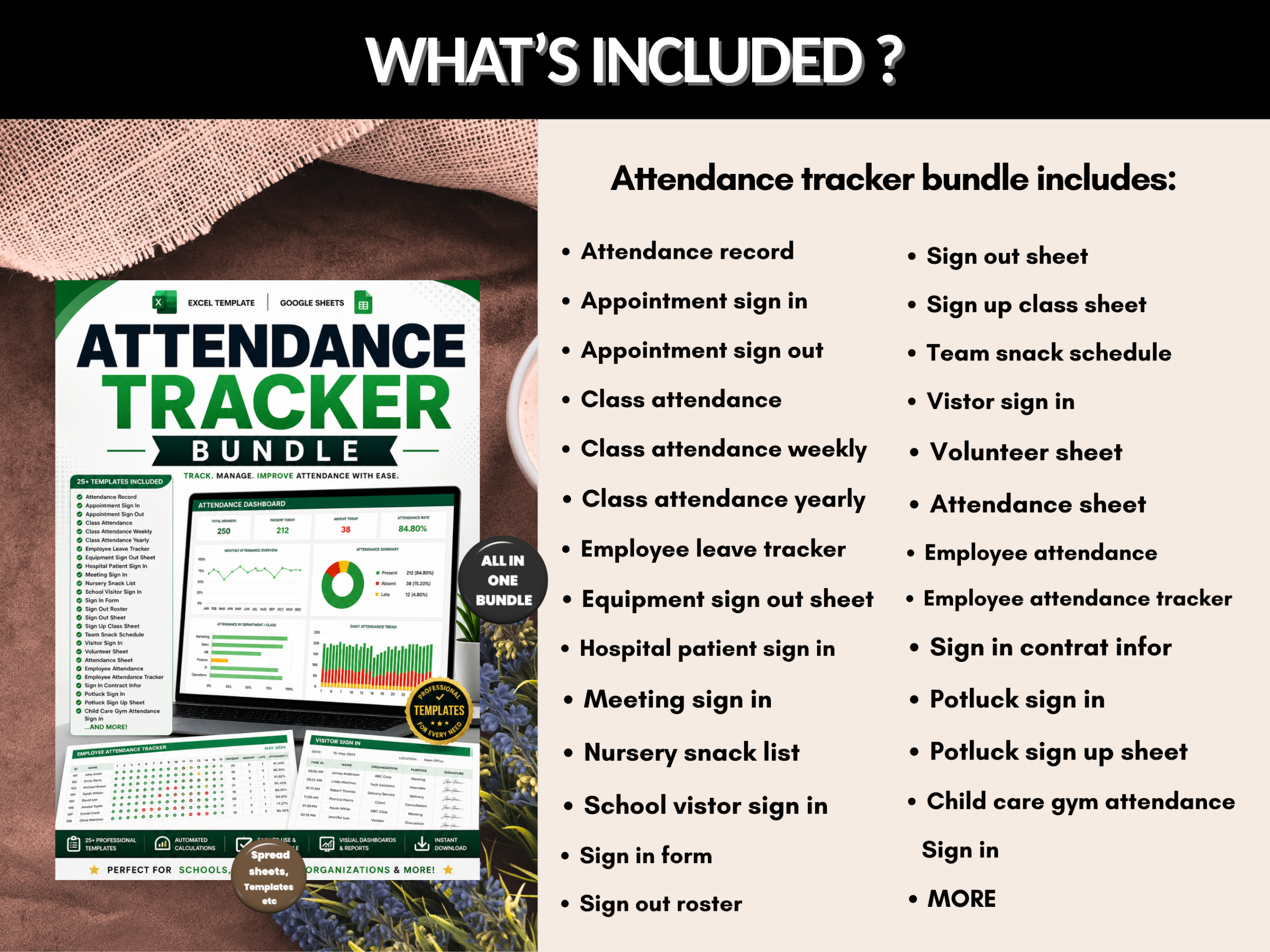 Attendance tracker bundle | Excel templates & Google sheets | Attendance record, employee, visitor login, sign in up, class  |PLR MRR Rights