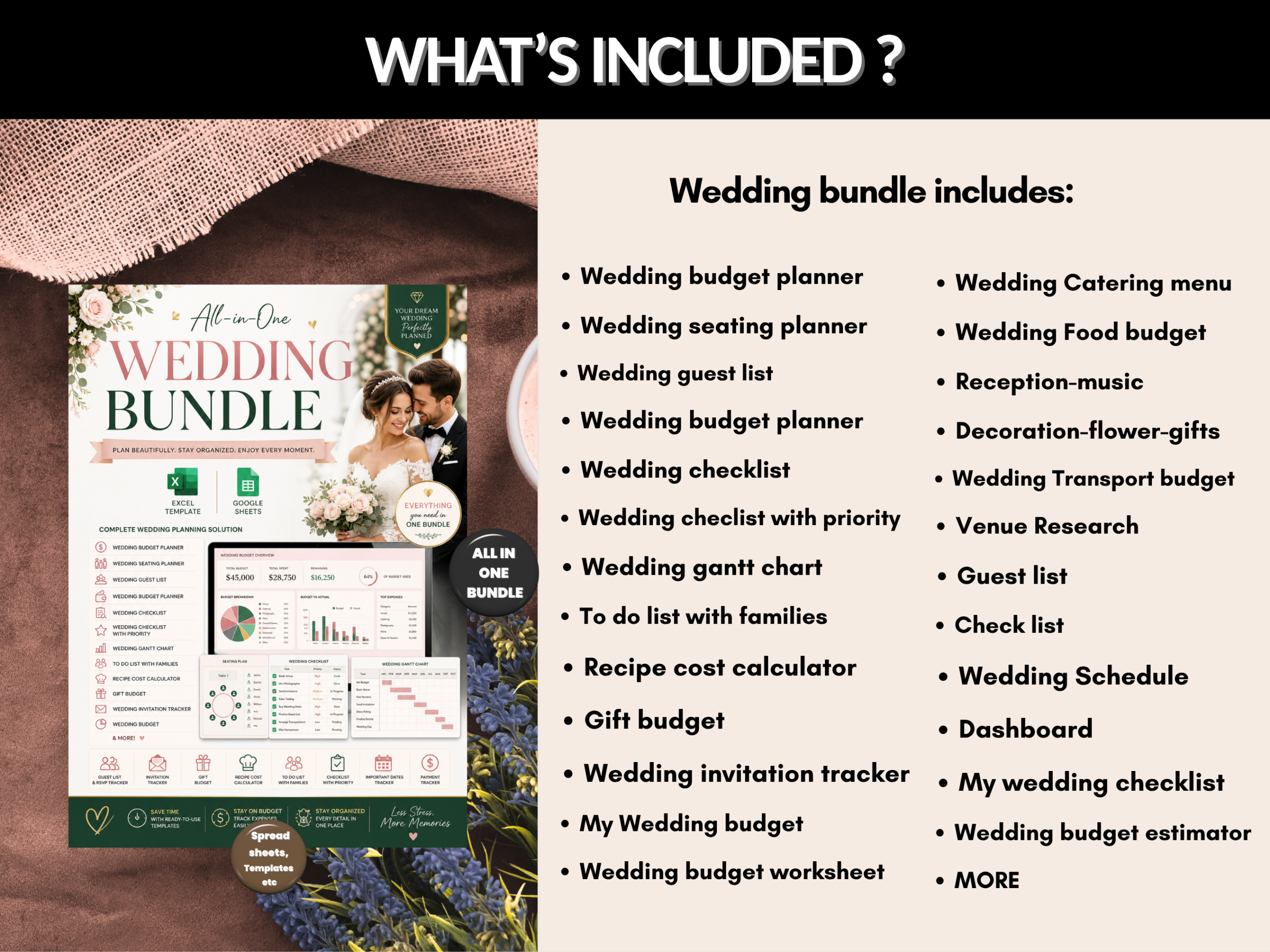 Wedding bundle | Excel templates & Google sheets | Wedding planner, budget, organiser, tracker, checklist, excel wedding | PLR MRR Rights