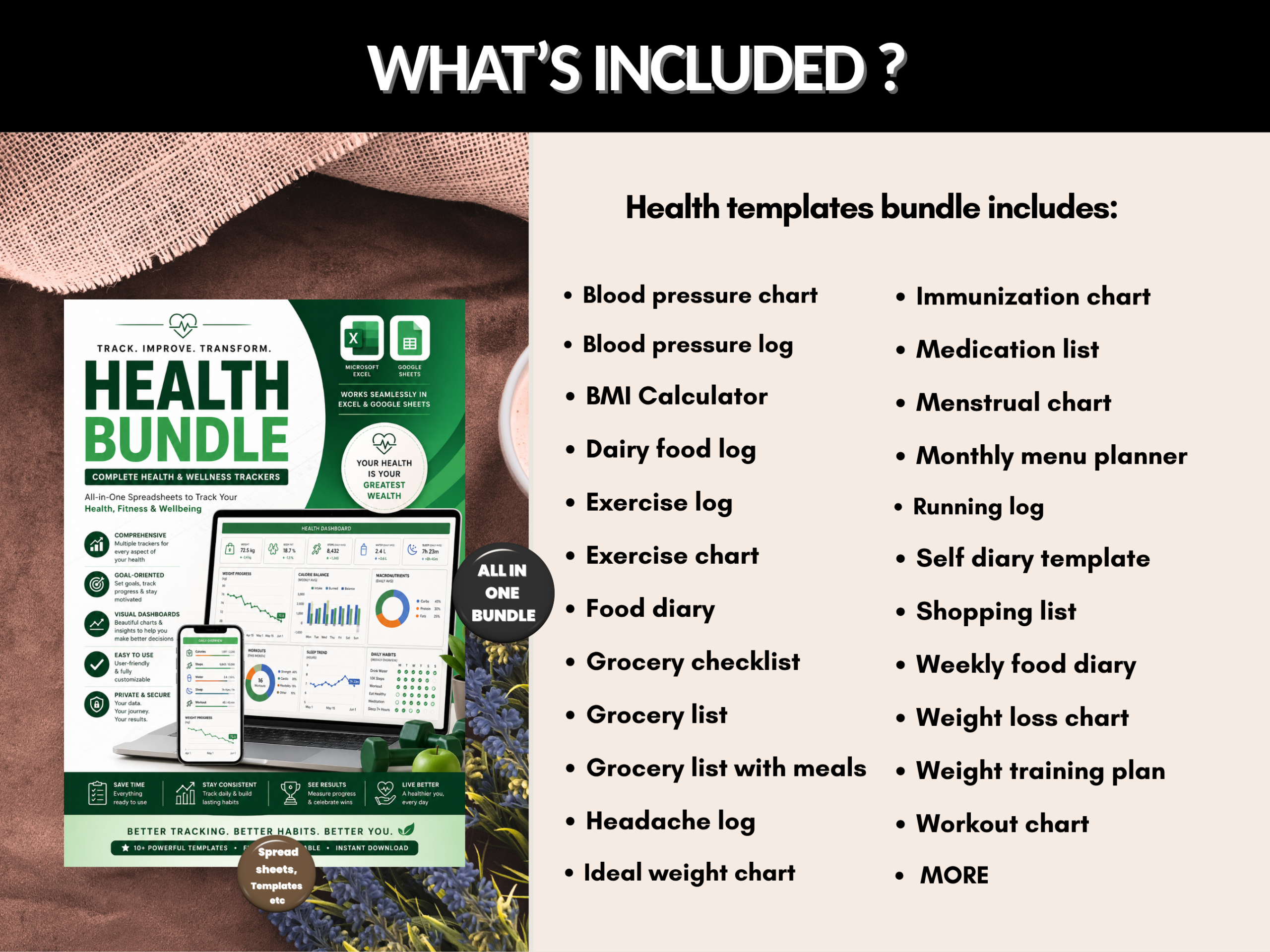 Health bundle | Excel and Google sheets | Health dashboard, Exercise tracker, fitness, Progress charts, Weight loss tracker | PLR MRR Rights