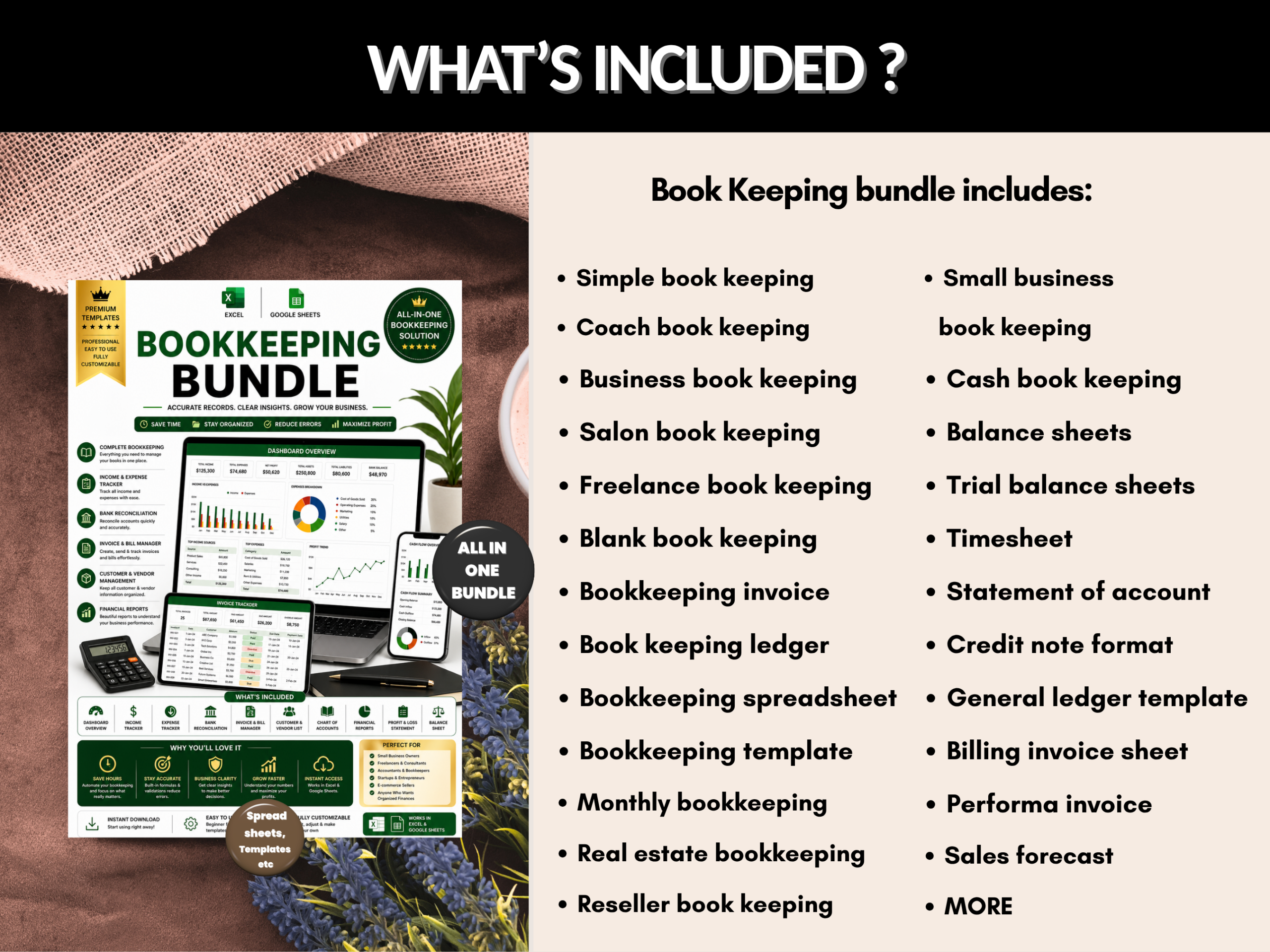 Book keeping bundle |Excel templates & Google sheets |Bookkeeping ledger, reseller tracker, trial balance sheets, timesheet | MRR PLR Rights