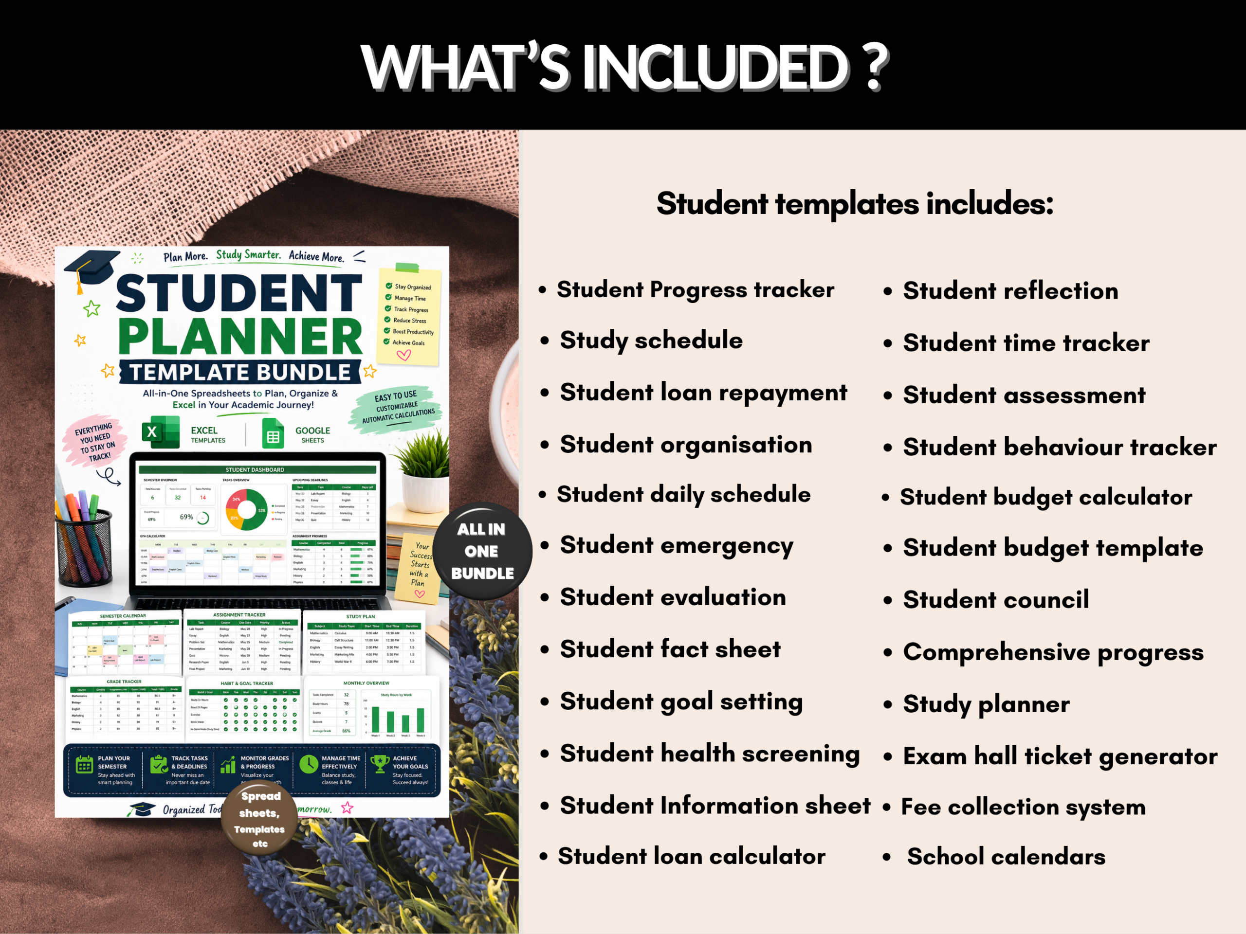 Student planner bundle | Excel template & Google sheets | Study planner, college, school, student tracker, student dashboard| PLR MRR Rights