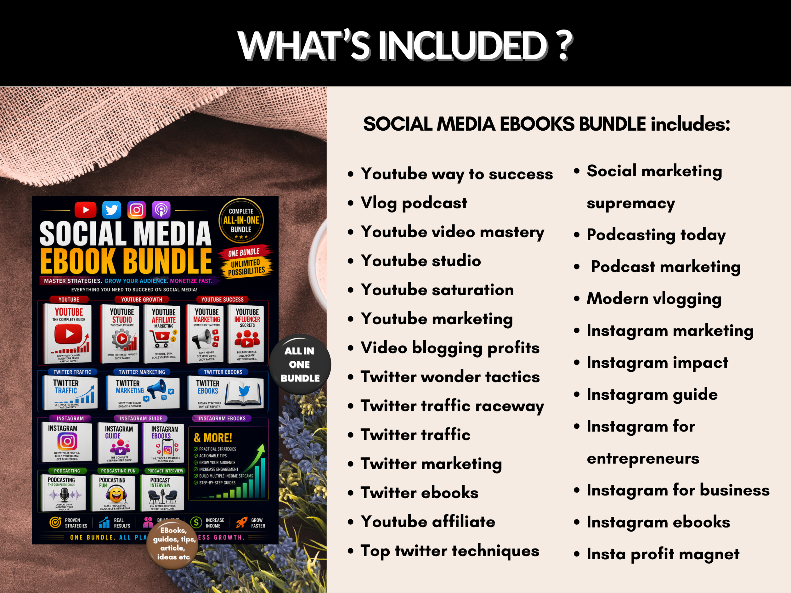 Social media ebook bundle | Youtube, Instagram, Twitter, Podcast, Affiliate, Blogging,  Ebooks collection, guides, tips | PLR MRR Rights