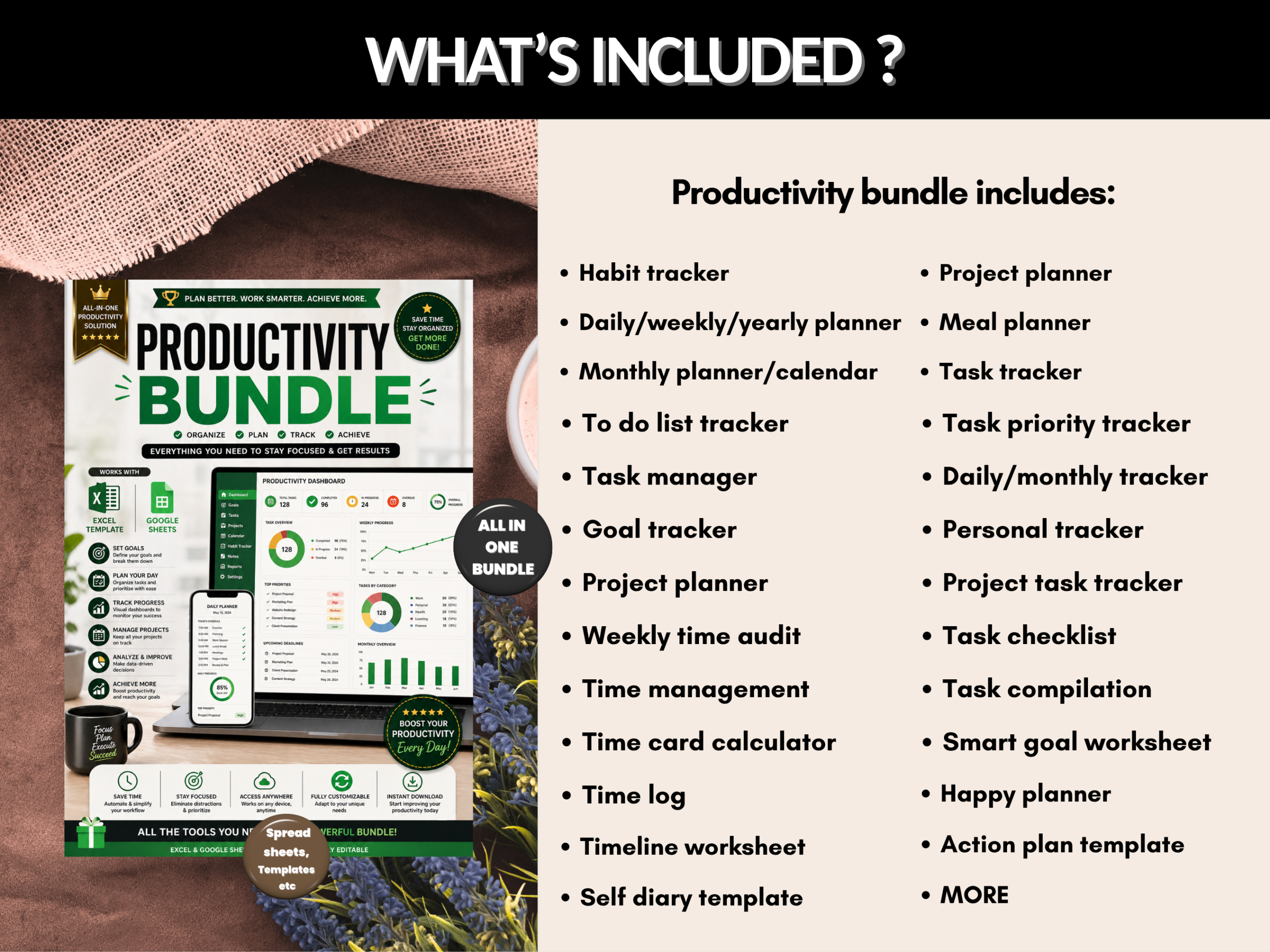 Productivity bundle | Excel templates & Google sheets | Productivity Kit, Goal tracker, habit tracker, Productivity hub | PLR MRR Rights