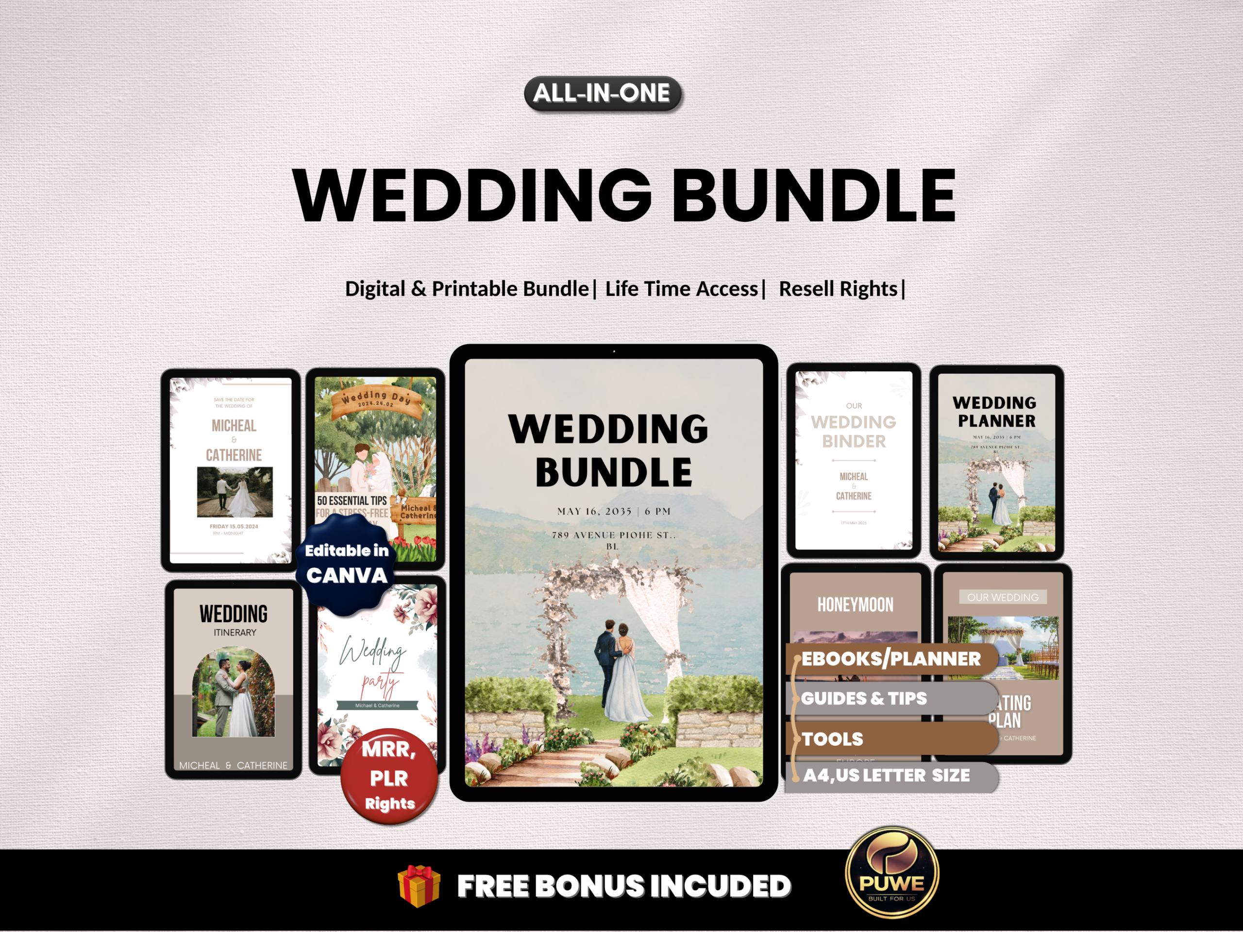 Wedding Bundle | Editable Invitations, Party, binder, seating plan, cards, honeymoon Templates |Wedding Set| MRR and PLR Rights