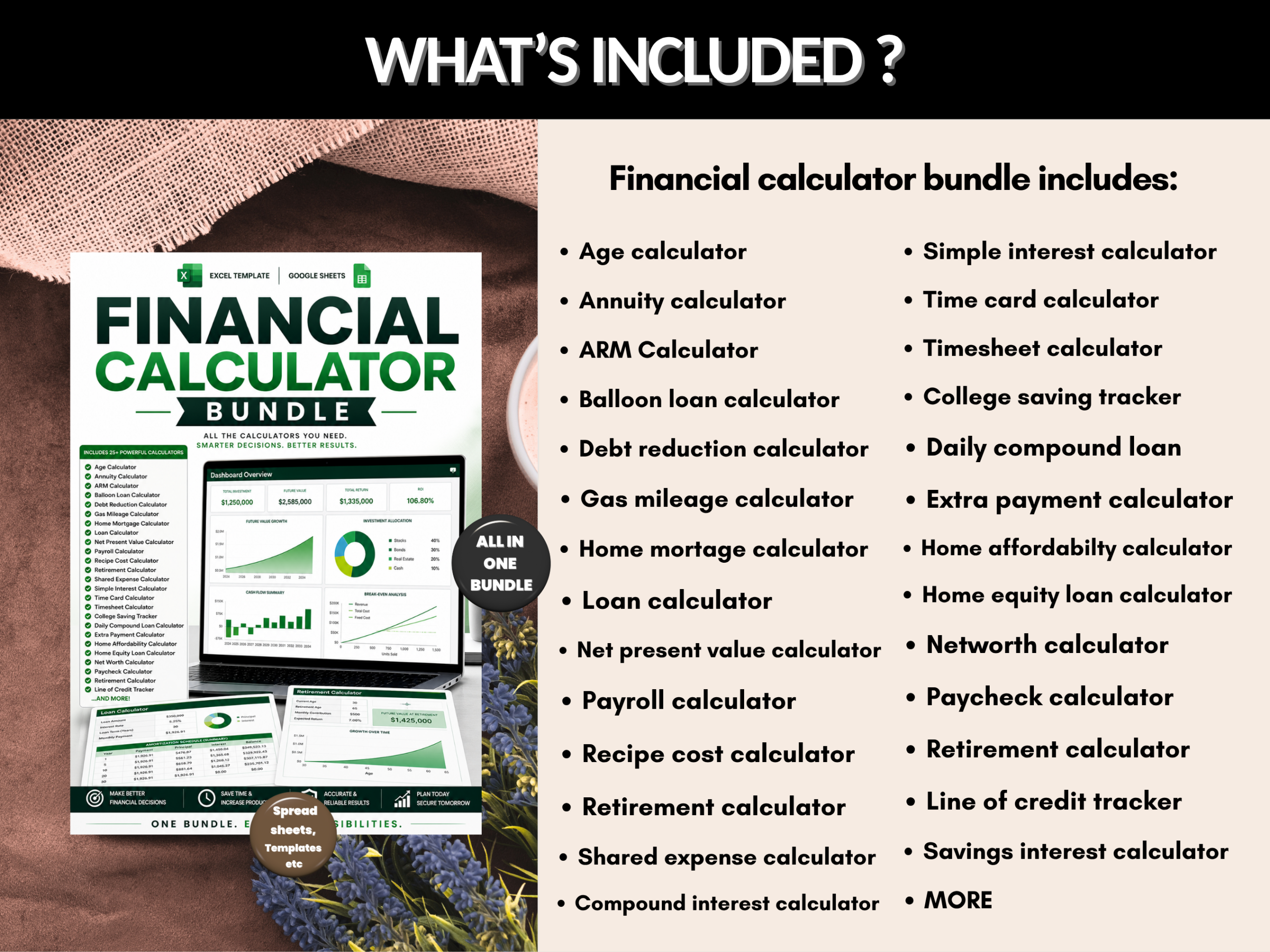 Financial calculator bundle | Excel templates & Google sheets | Finance tools, tracker, loan calculator, Retirement calculator| PLR MRR Rights