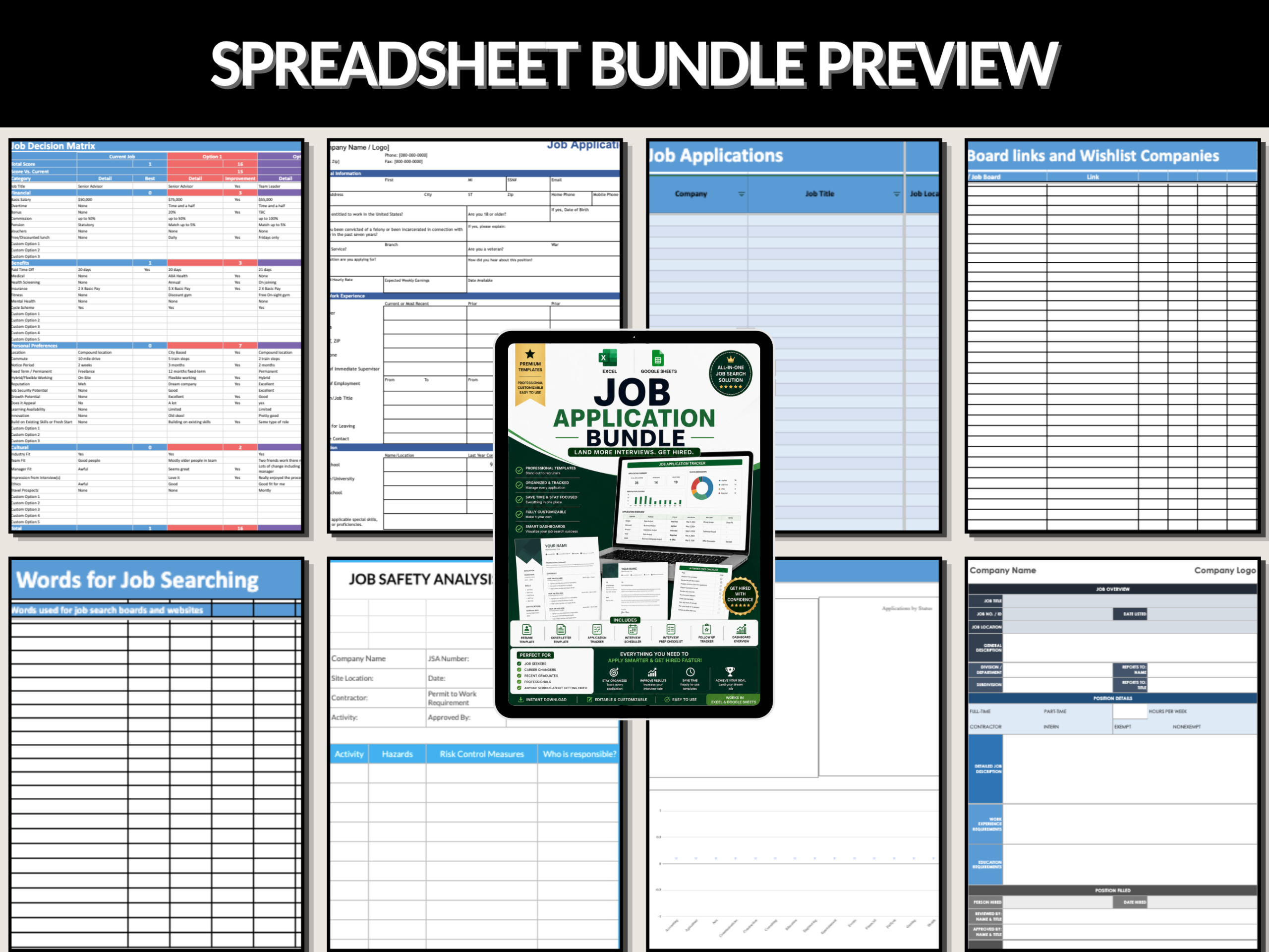 Job application tracker bundle |Excel templates & Google sheets | Job tracker, decision matrix, application form, Job seeker| PLR MRR Rights