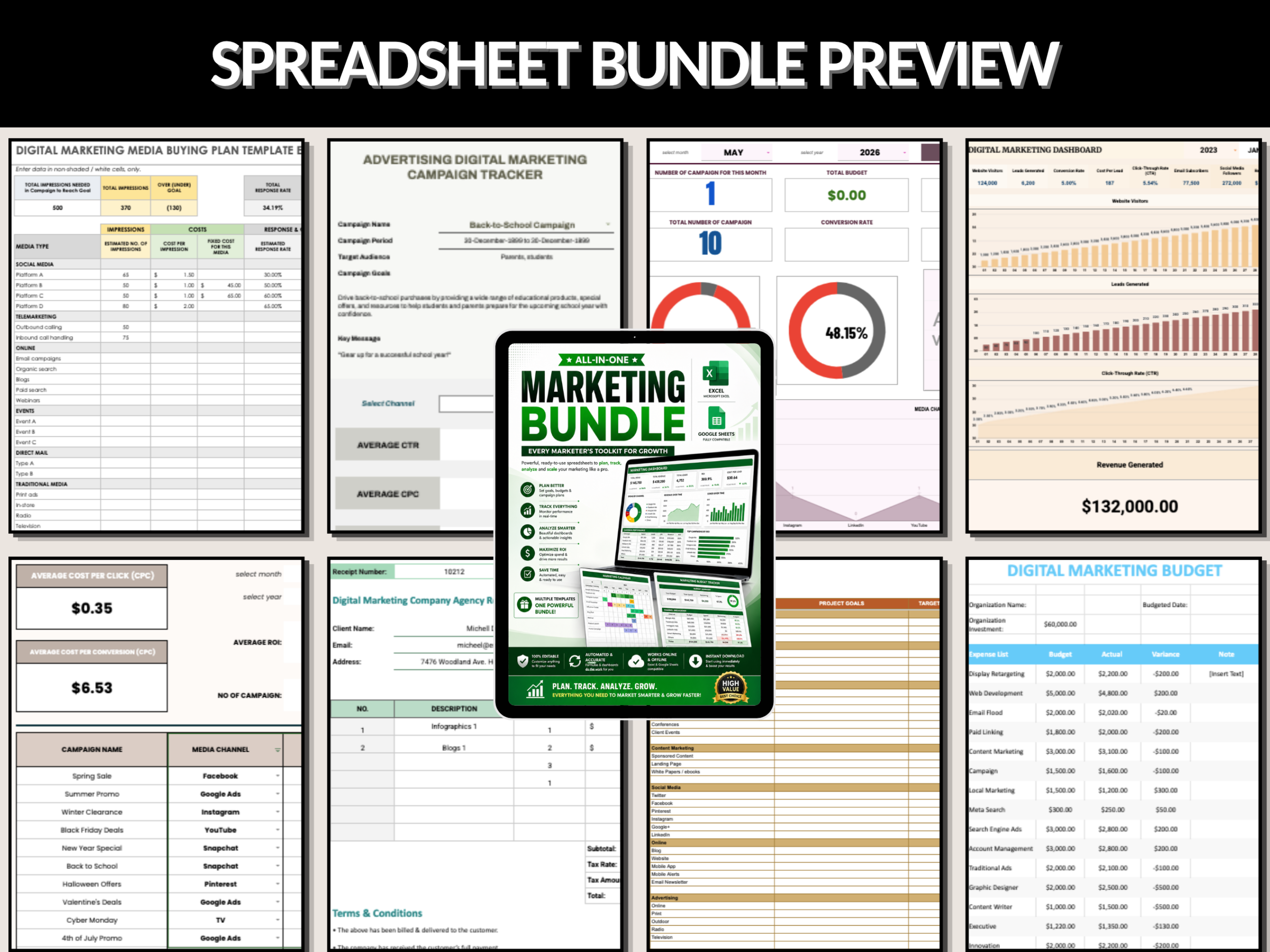 Marketing bundle | Excel templates & Google sheets | Marketing plan tracker analytics management | Marketing excel template | PLR MRR Rights