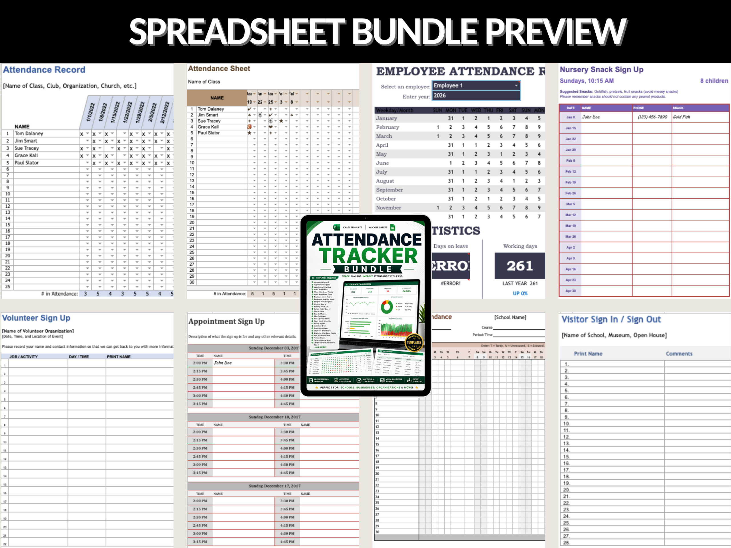 Attendance tracker bundle | Excel templates & Google sheets | Attendance record, employee, visitor login, sign in up, class  |PLR MRR Rights
