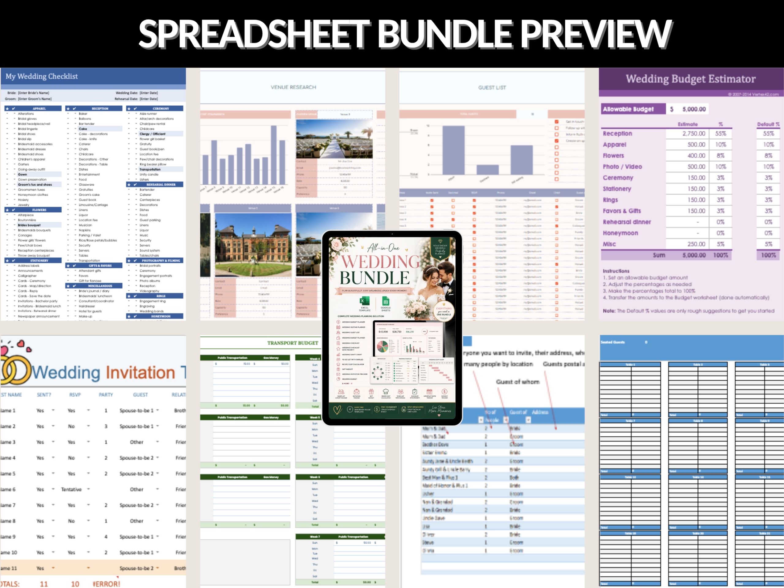 Wedding bundle | Excel templates & Google sheets | Wedding planner, budget, organiser, tracker, checklist, excel wedding | PLR MRR Rights