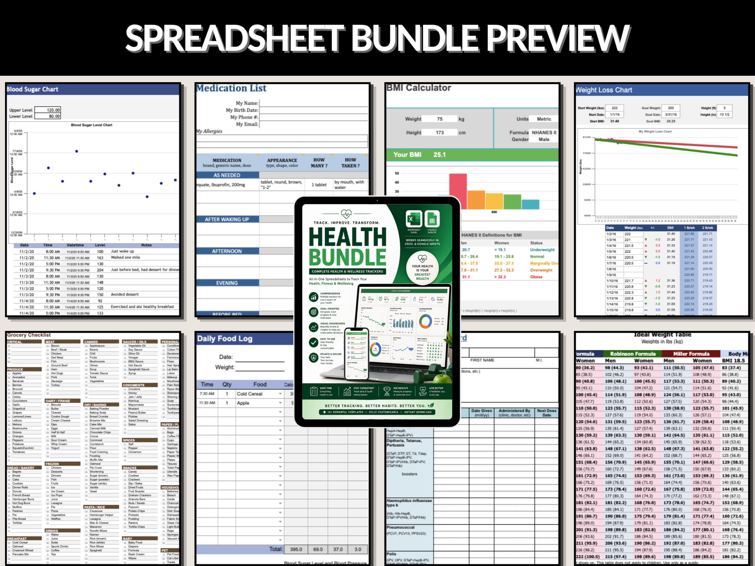 Health bundle | Excel and Google sheets | Health dashboard, Exercise tracker, fitness, Progress charts, Weight loss tracker | PLR MRR Rights