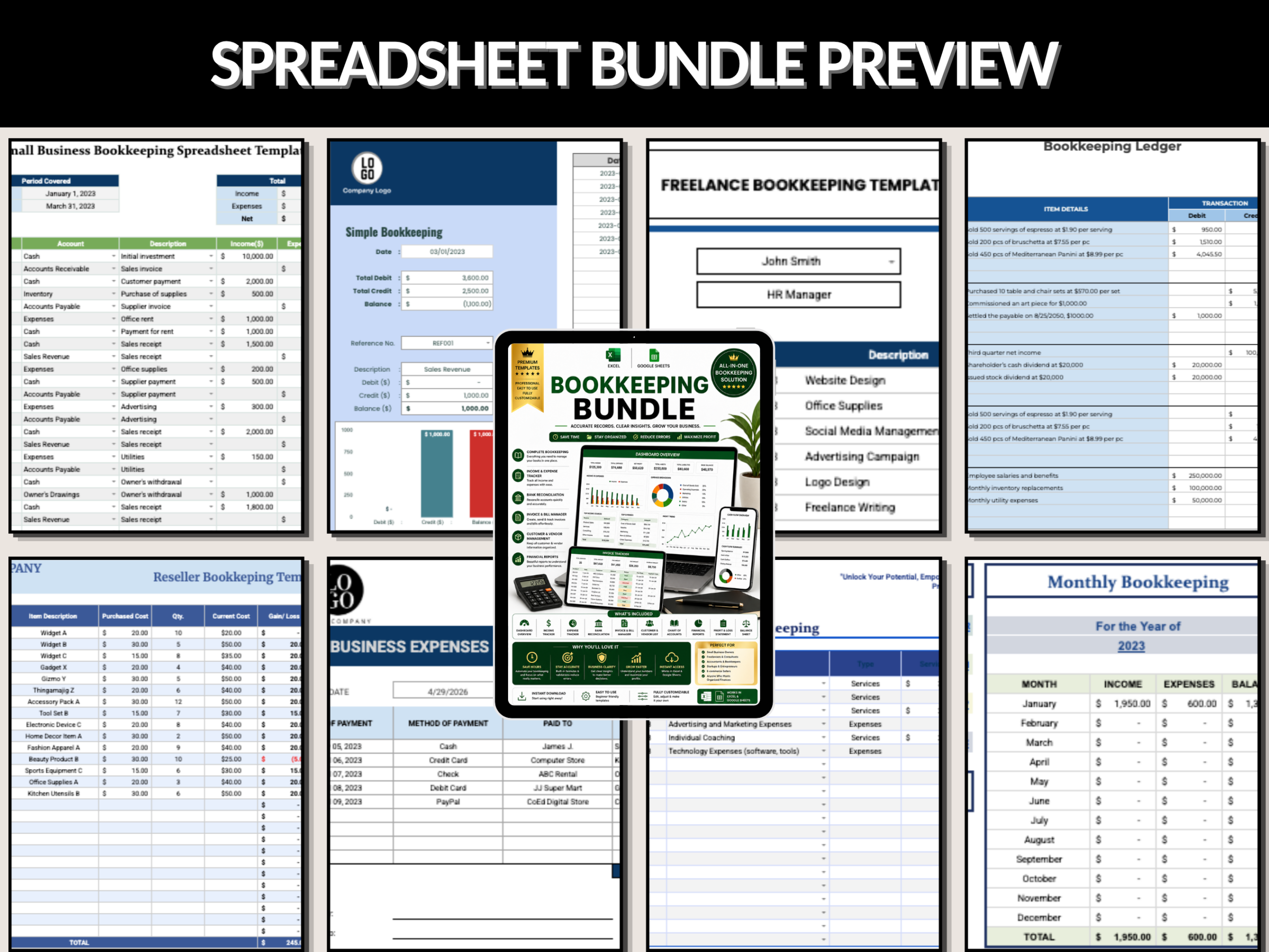 Book keeping bundle |Excel templates & Google sheets |Bookkeeping ledger, reseller tracker, trial balance sheets, timesheet | MRR PLR Rights